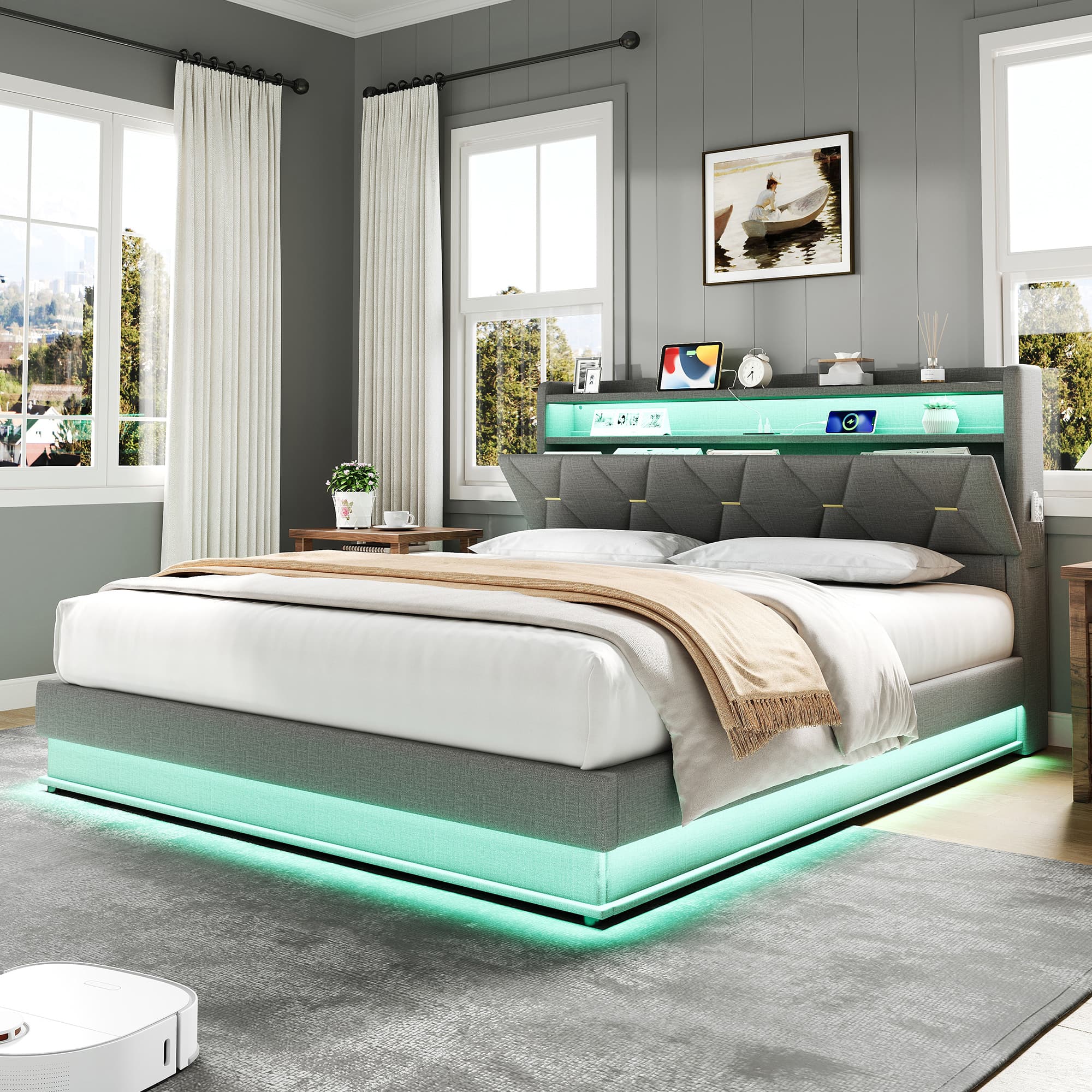 Grey Linen Double Ottoman Bed with Smart LED Storage - image 1