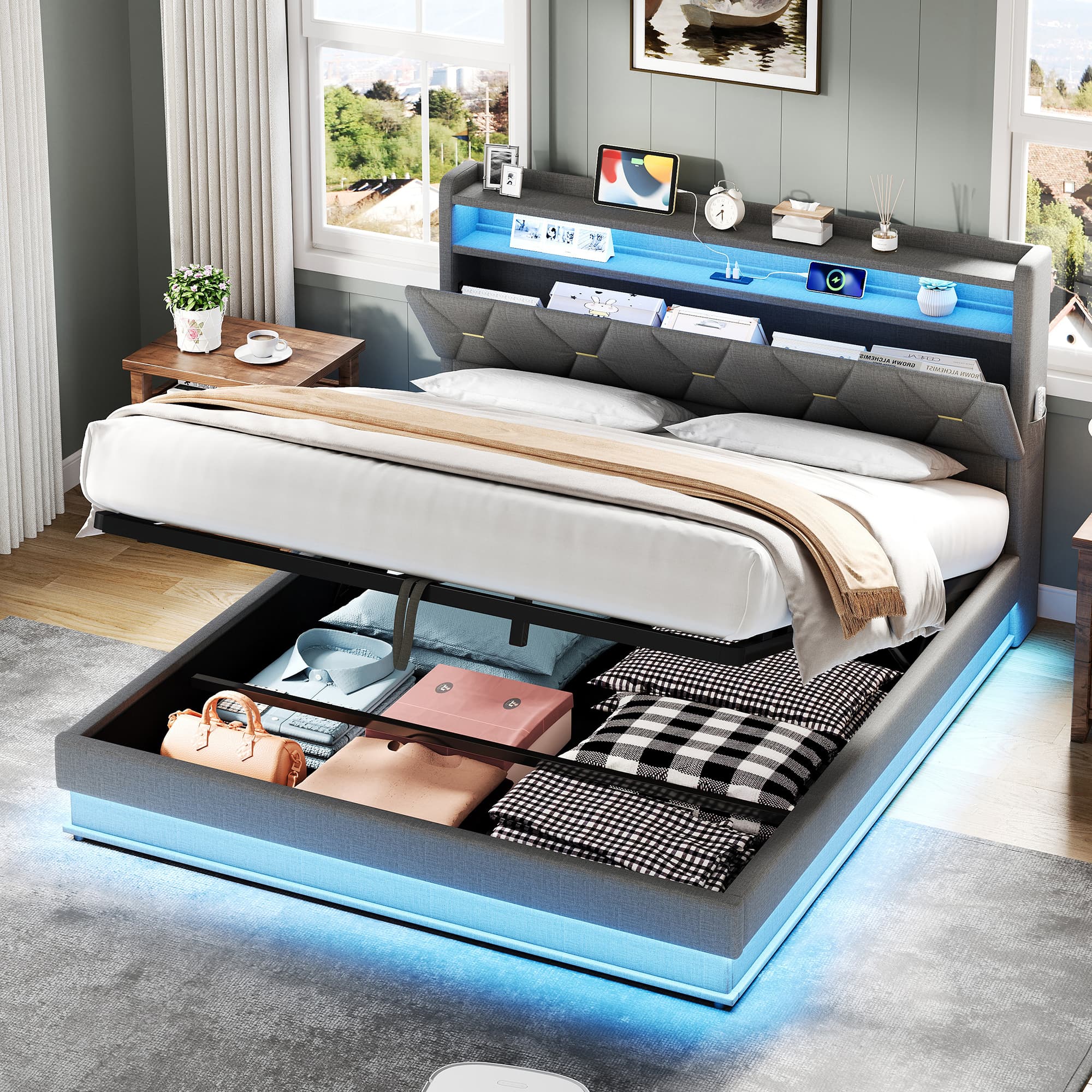 Grey Linen Double Ottoman Bed with Smart LED Storage - image 2