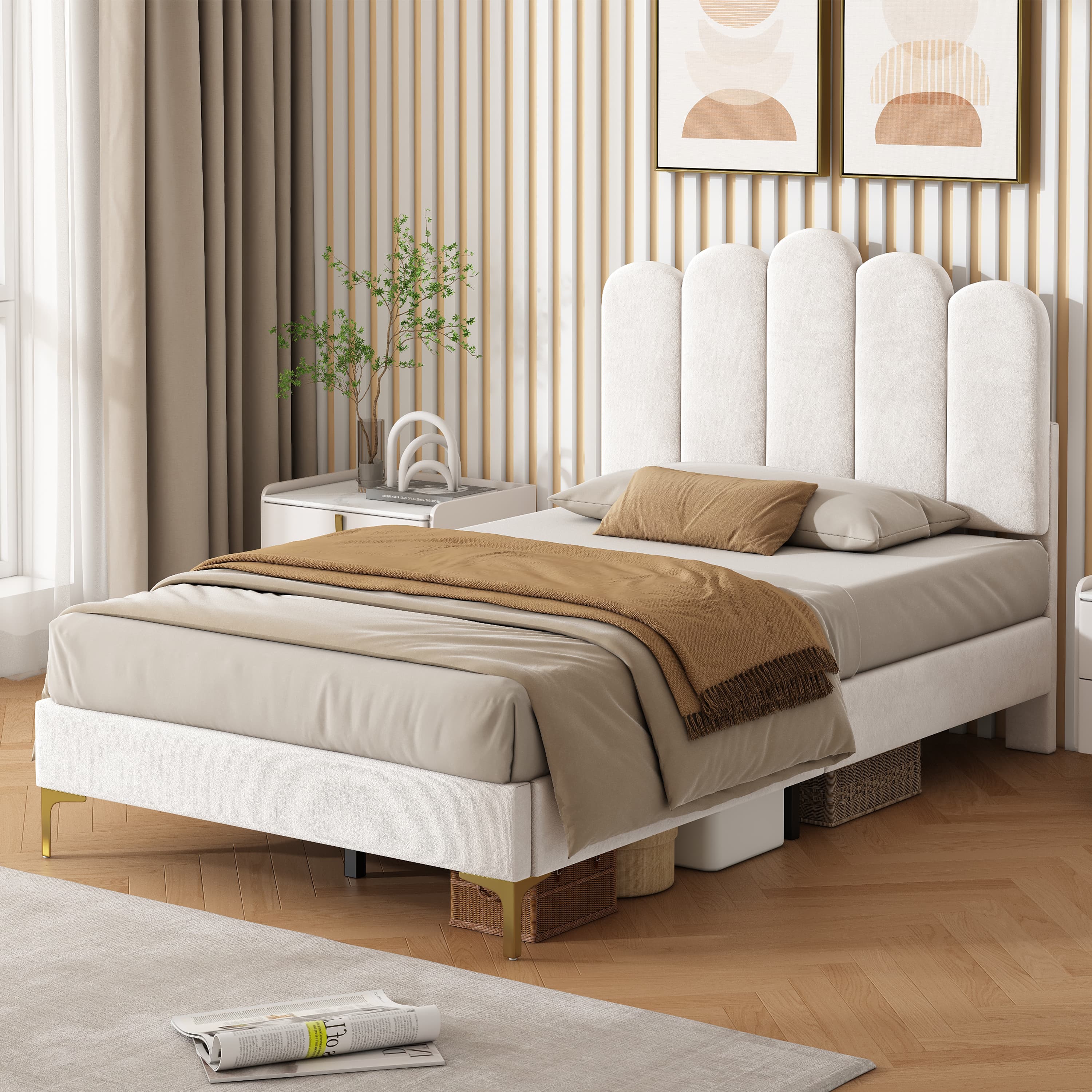 Transform Your Bedroom with this Scalloped Velvet Single Bed - Beige