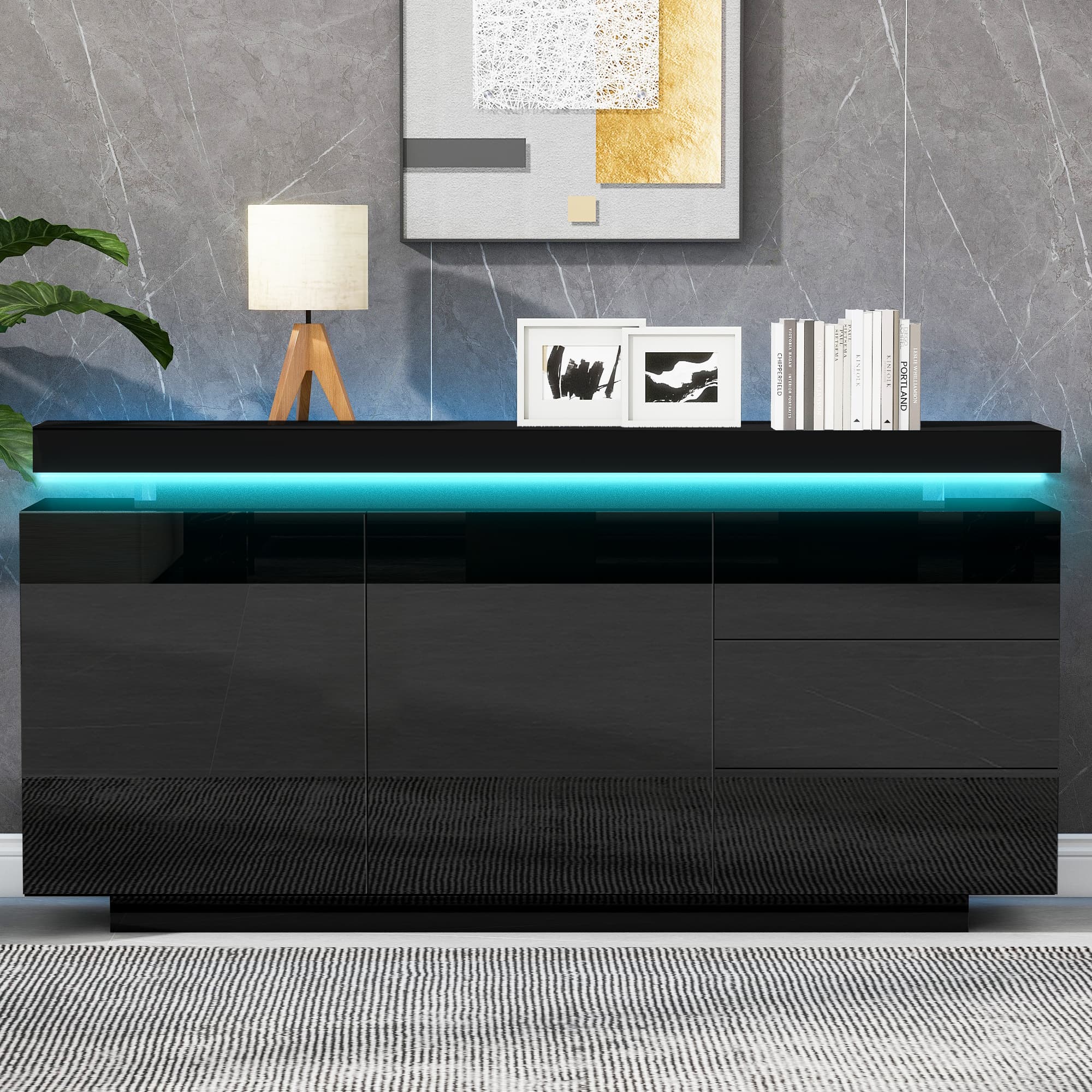 Modern Black High Gloss Sideboard with Ambient LED Lighting - image 5