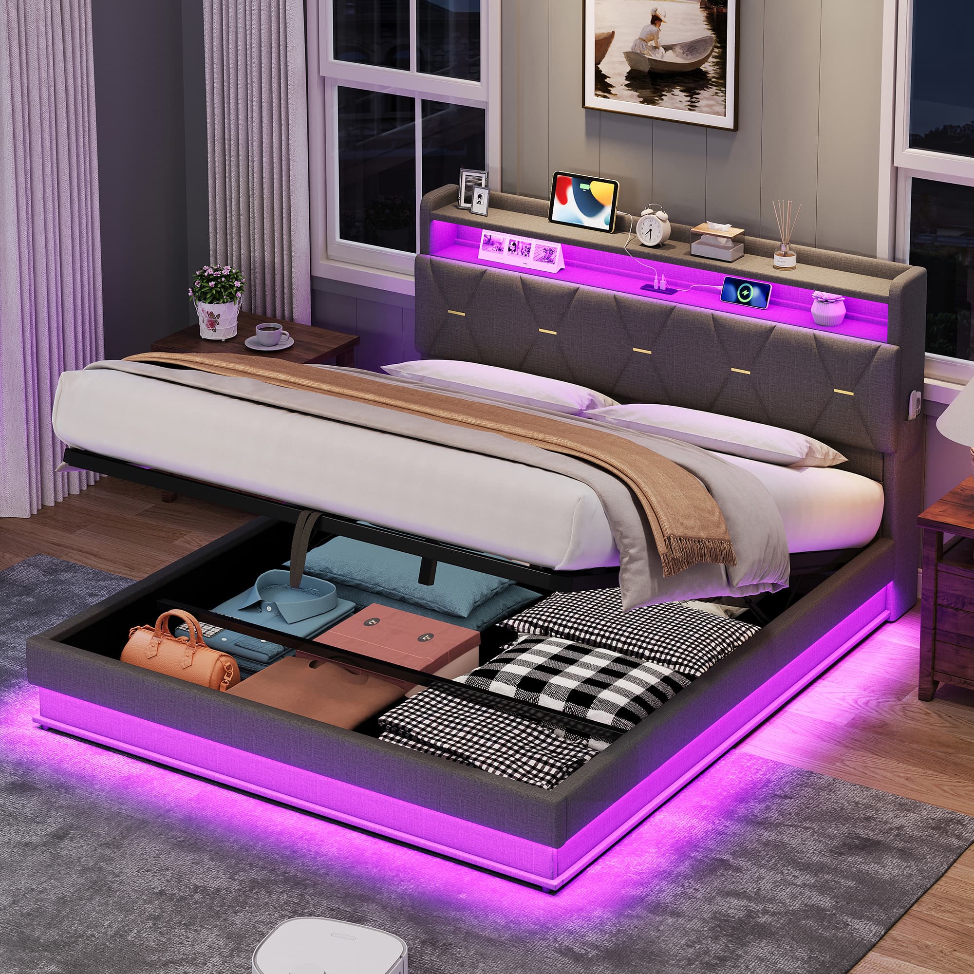 Grey Linen Double Ottoman Bed with Smart LED Storage - image 4