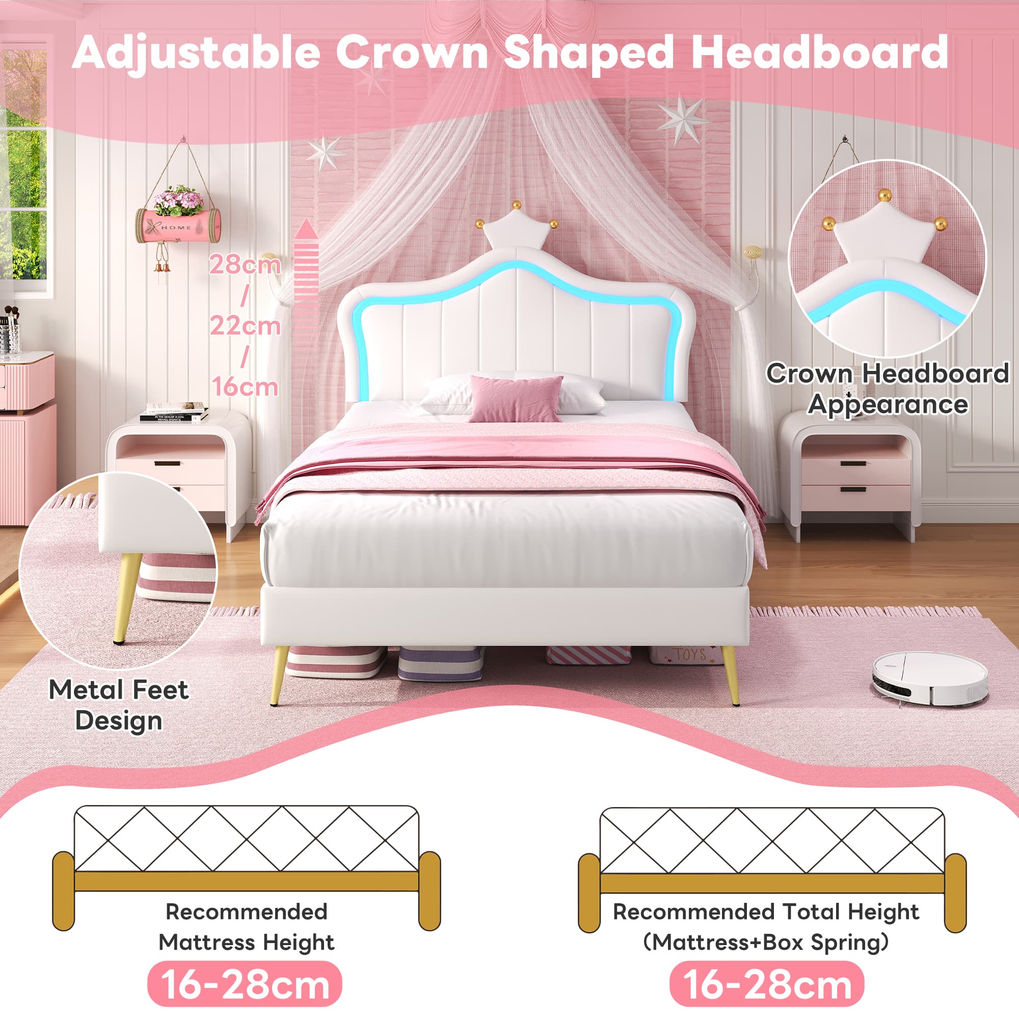 Transform Your Bedroom with the Cream White LED Crown Bed - image 2