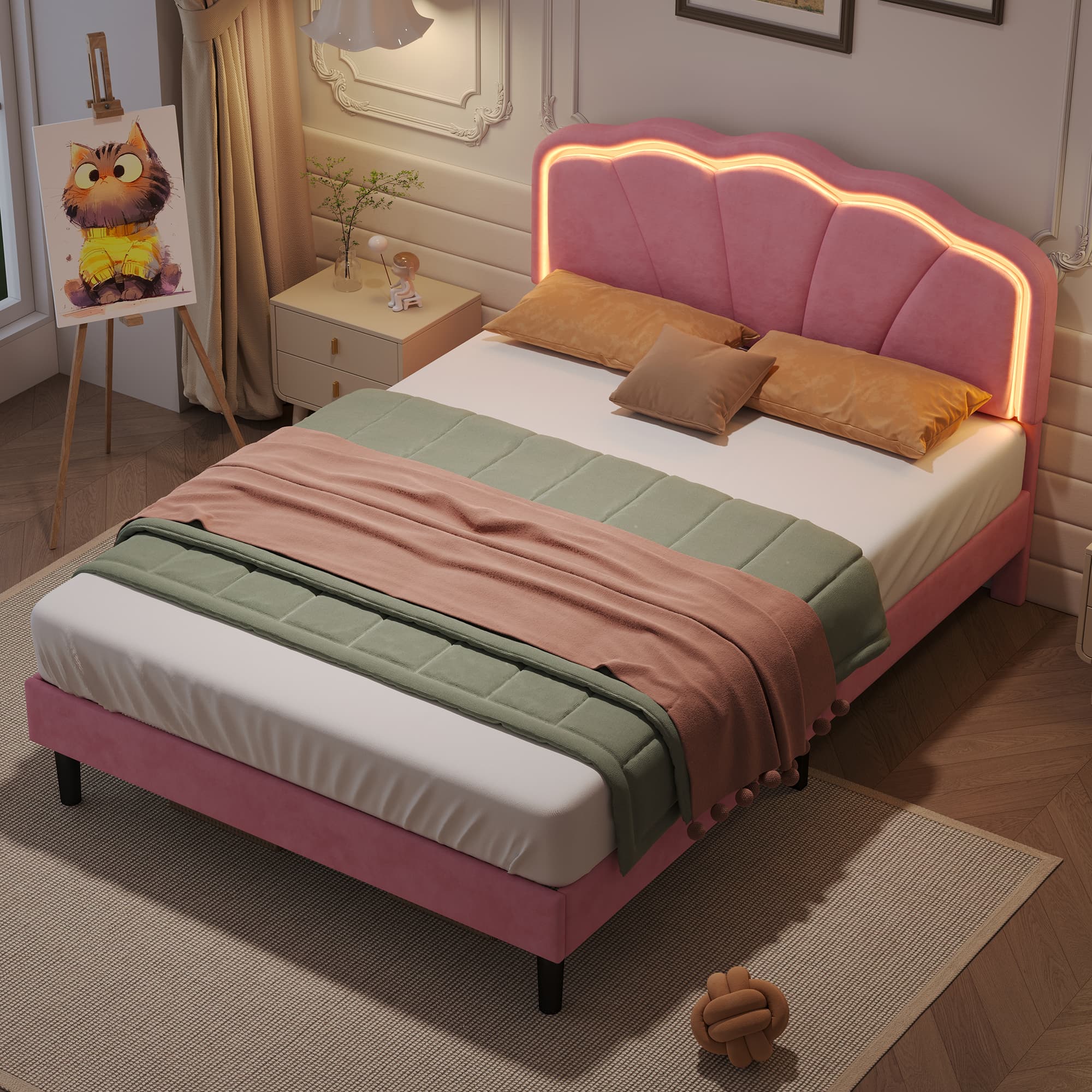 Transform Your Space with this Pink Velvet LED Double Bed - image 5