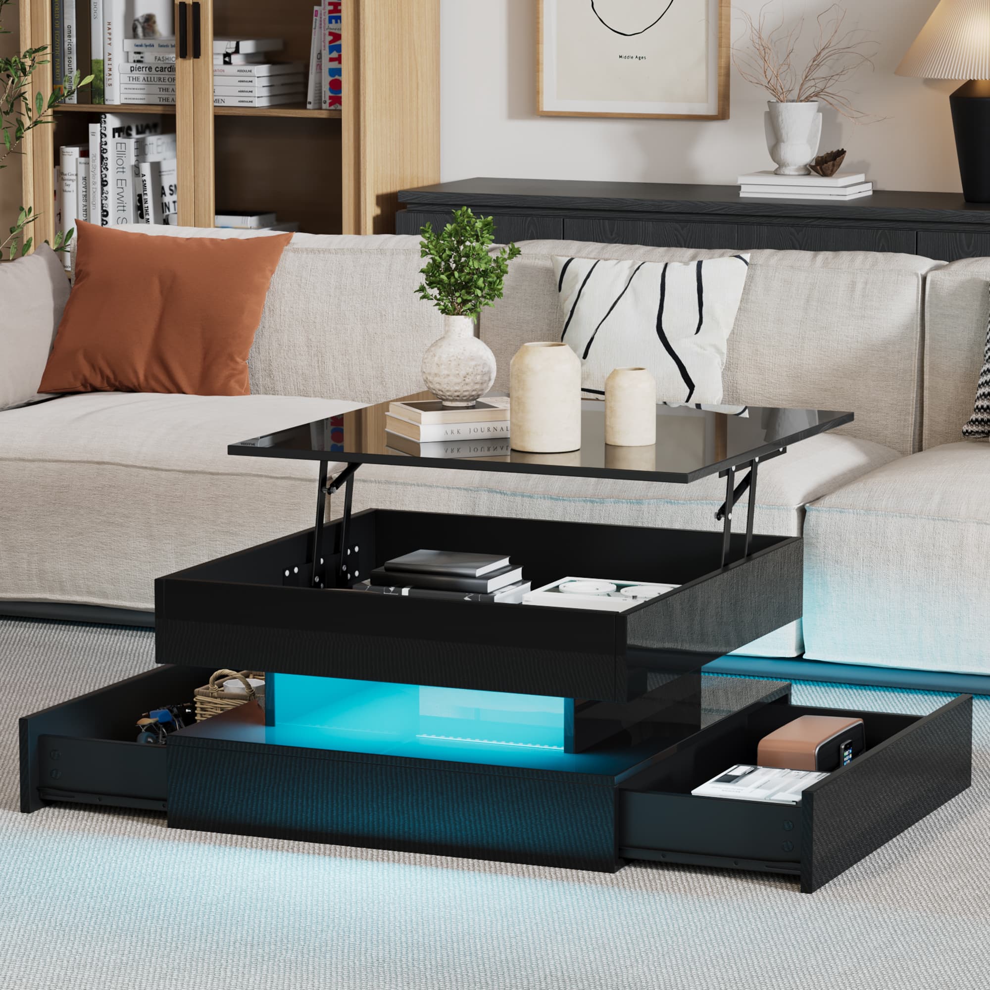 Transform Your Lounge with this Black LED Lift-Top Coffee Table - image 4