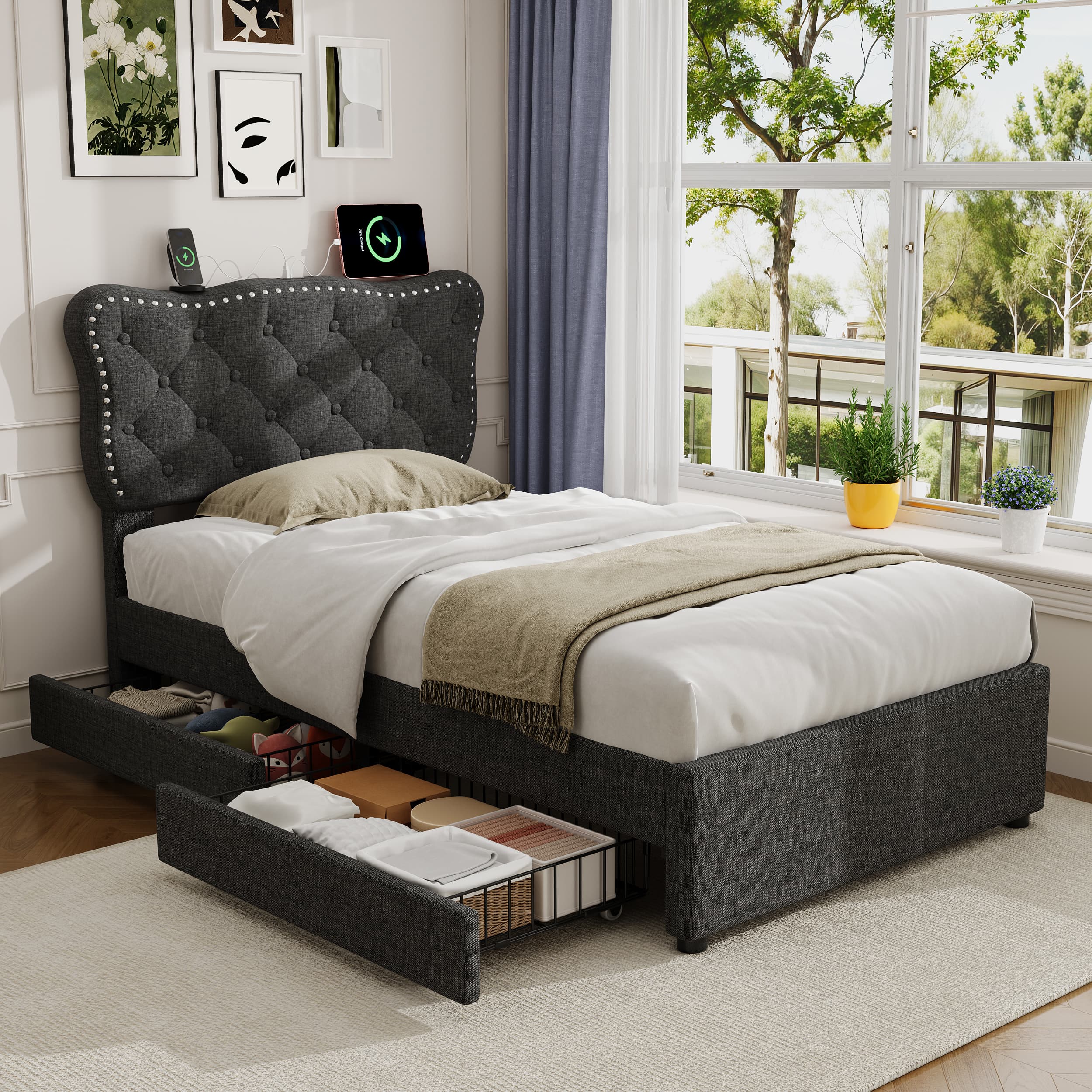 3ft Single Grey Linen Storage Bed with USB Charging - image 2