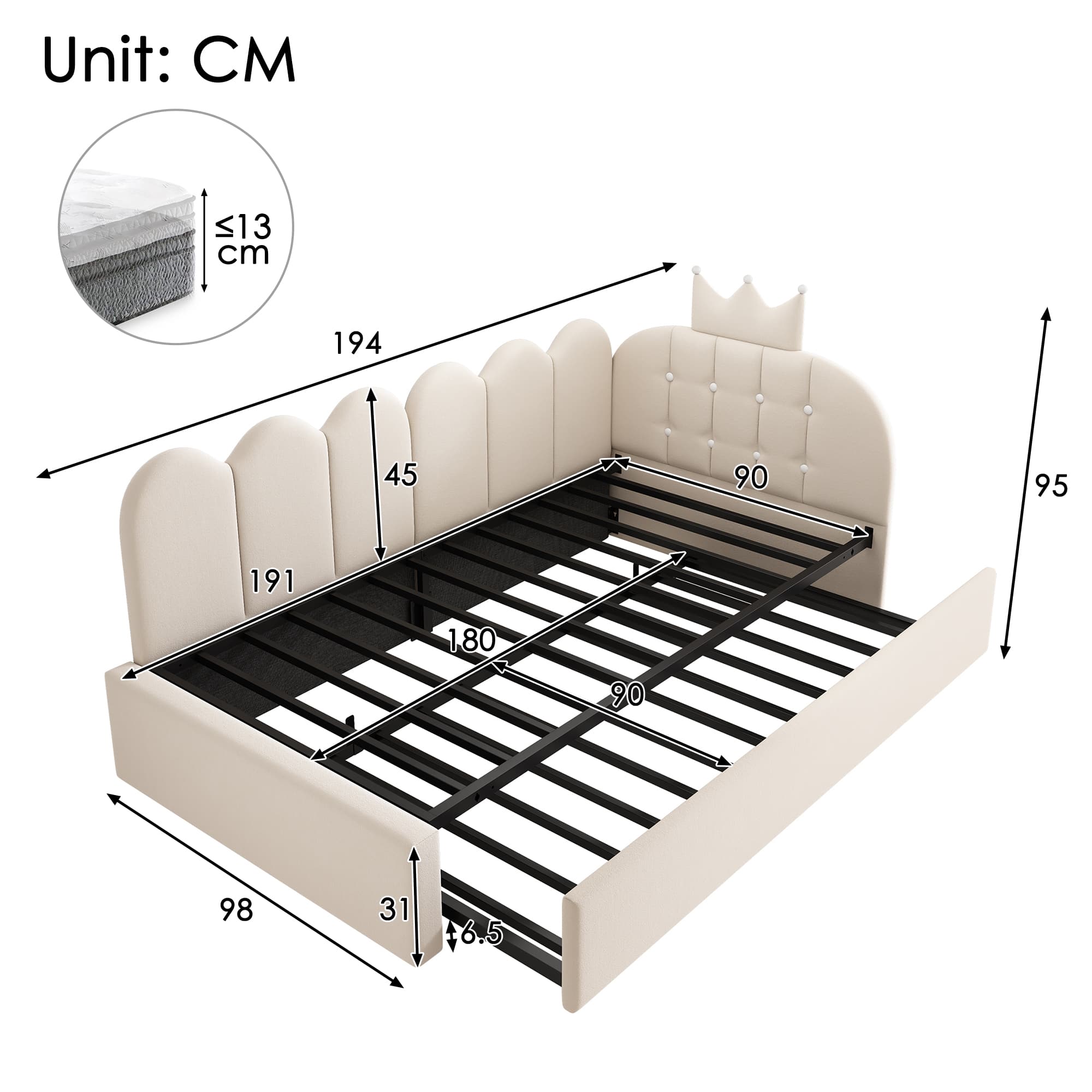 Beige Velvet Crown Daybed with Pull-Out Trundle Bed - image 4