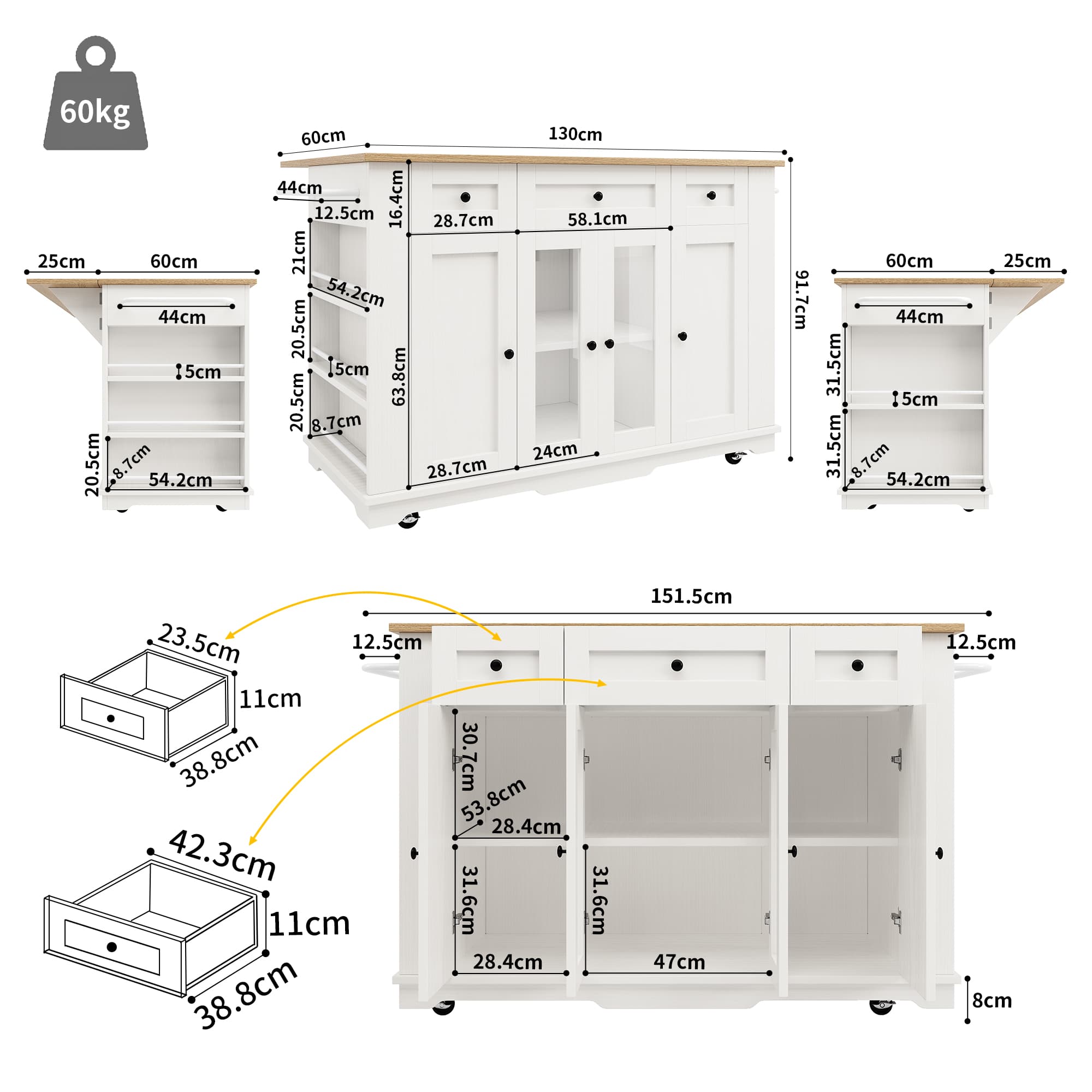 Premium White Kitchen Island with Foldable Dining Space - image 2