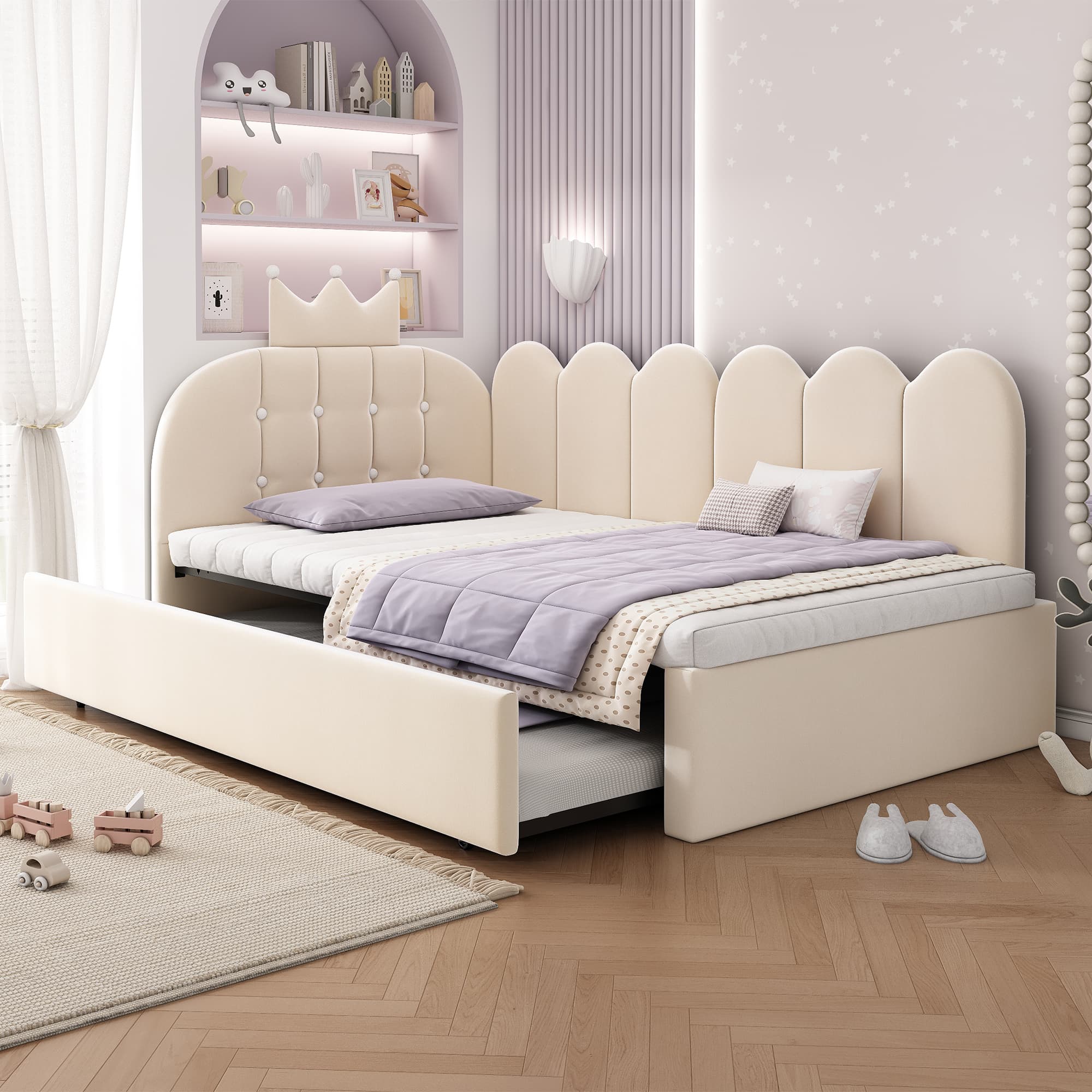 Beige Velvet Crown Daybed with Pull-Out Trundle Bed