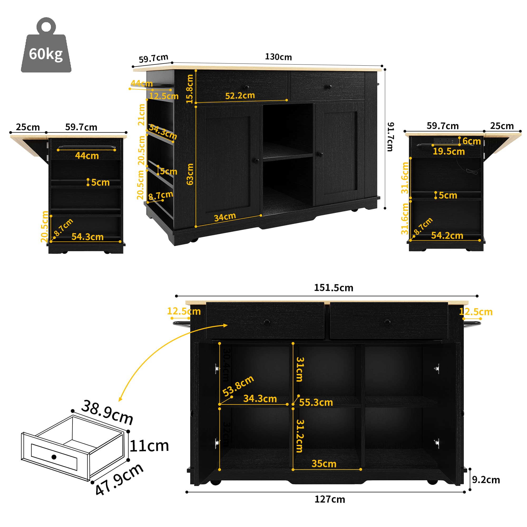 Versatile Black Kitchen Island Trolley with Built-In Power - image 3