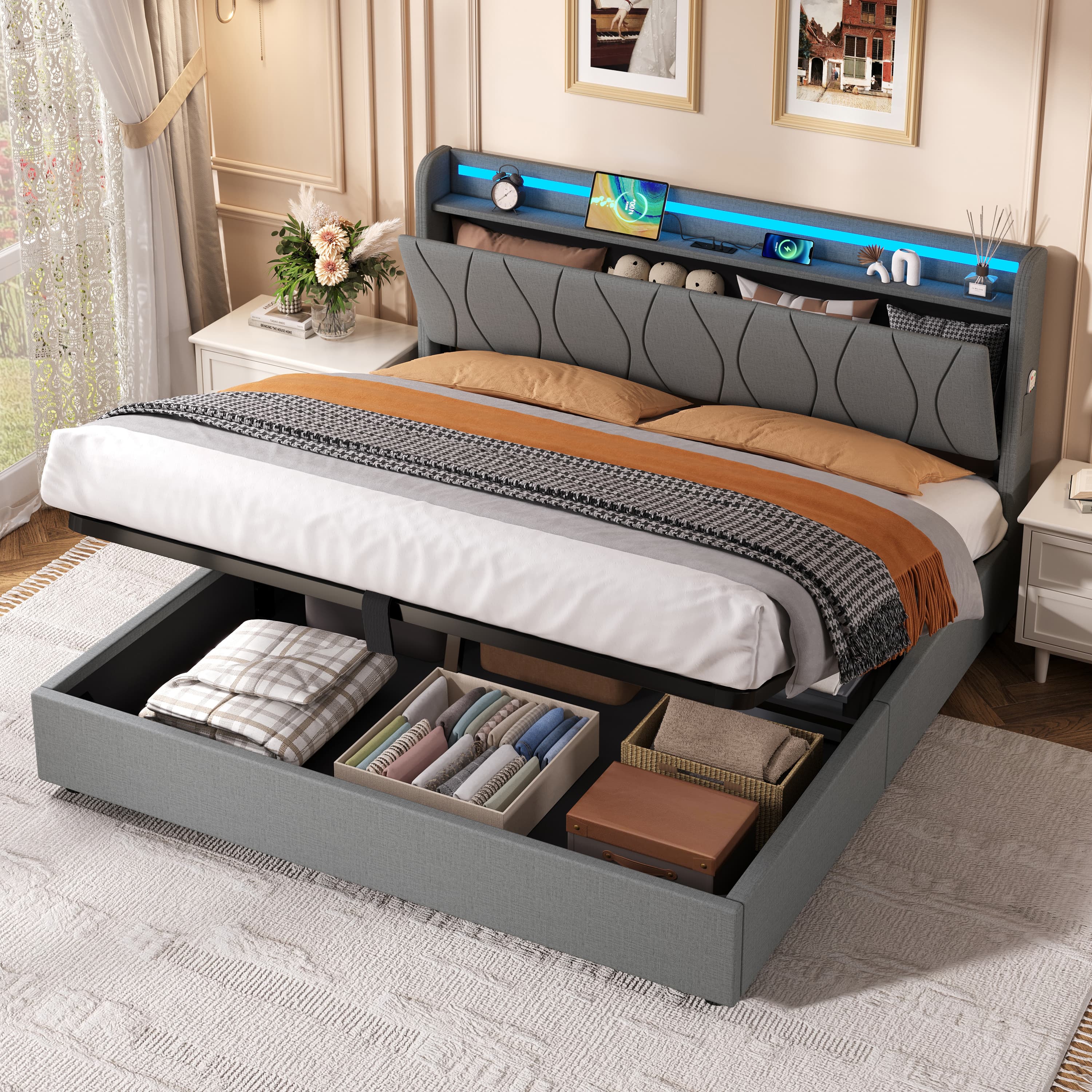 Transform Your Bedroom with this Grey Linen LED Ottoman Bed - image 1