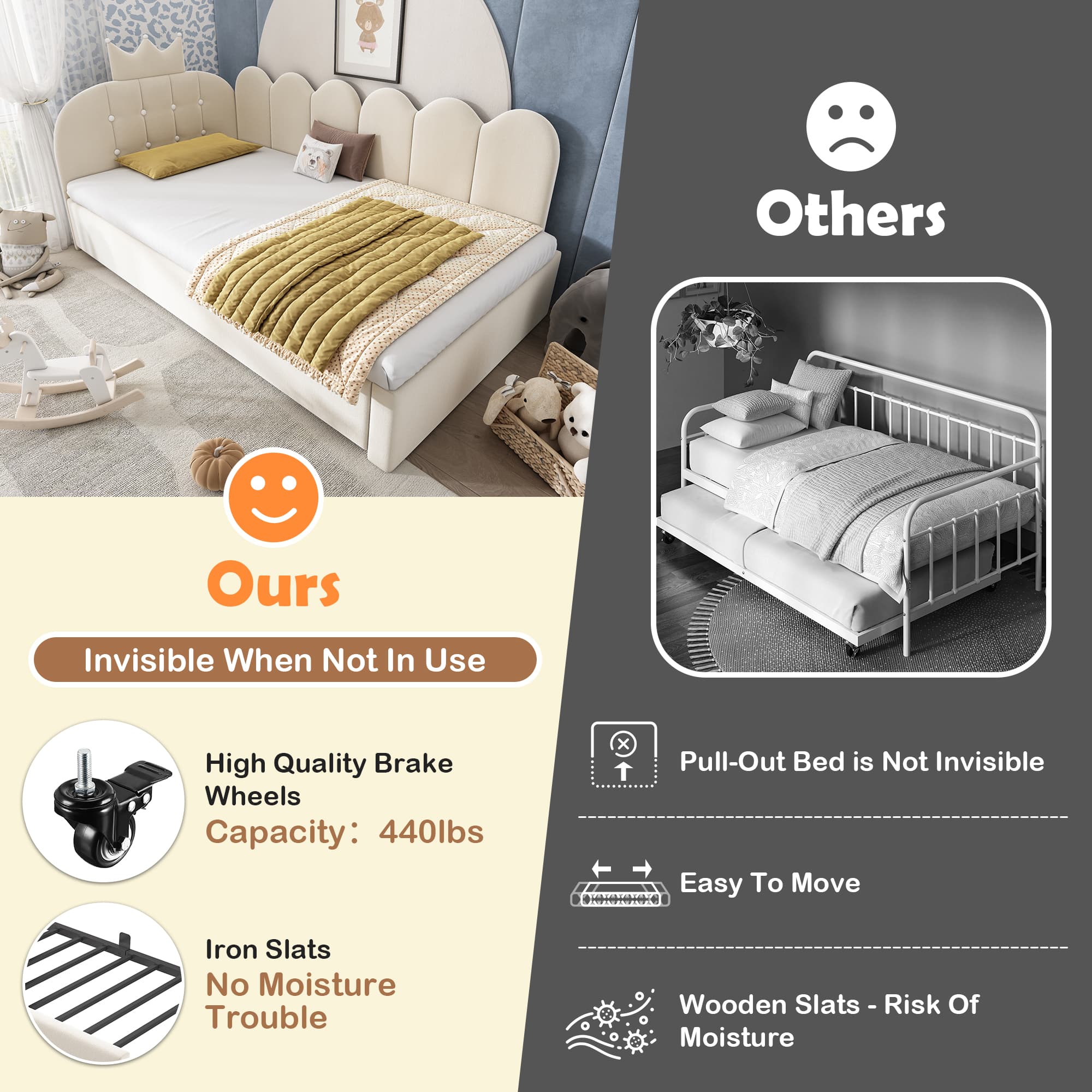 Beige Velvet Crown Daybed with Pull-Out Trundle Bed - image 1