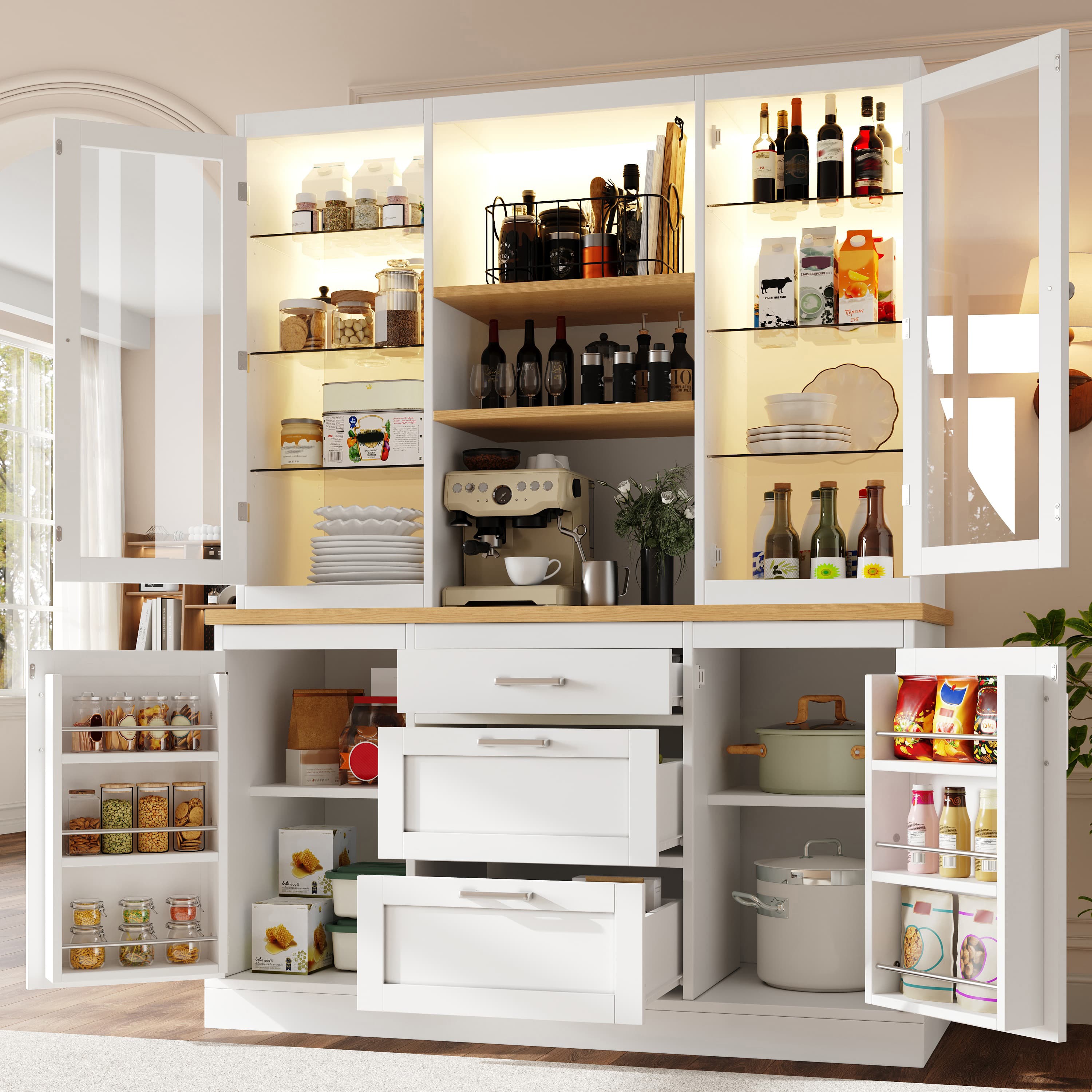 Modern White Kitchen Pantry Cabinet with Smart LED Lighting - image 1