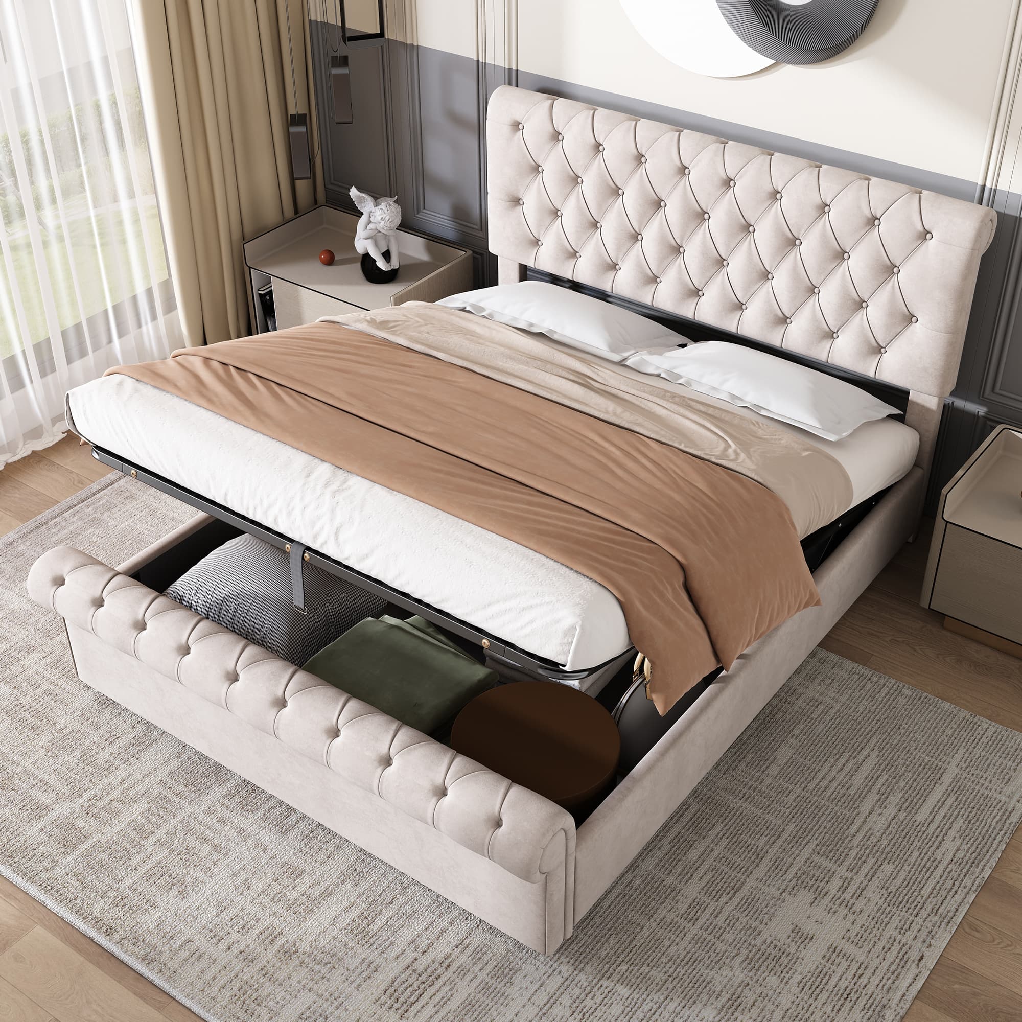 Premium Beige Velvet Sleigh Bed with Hidden Storage - image 1