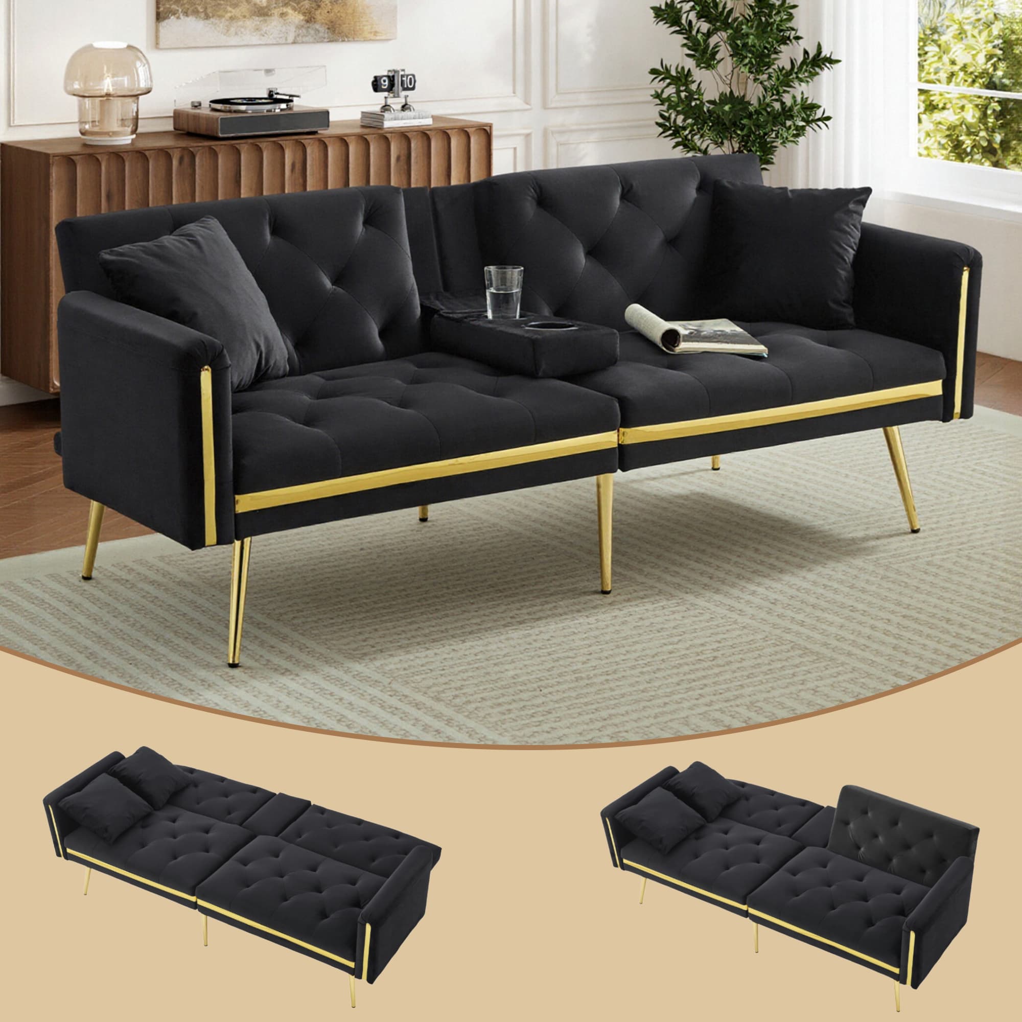 Luxurious Black Velvet 2-Seater Sofa Bed with Cup Holders - image 4