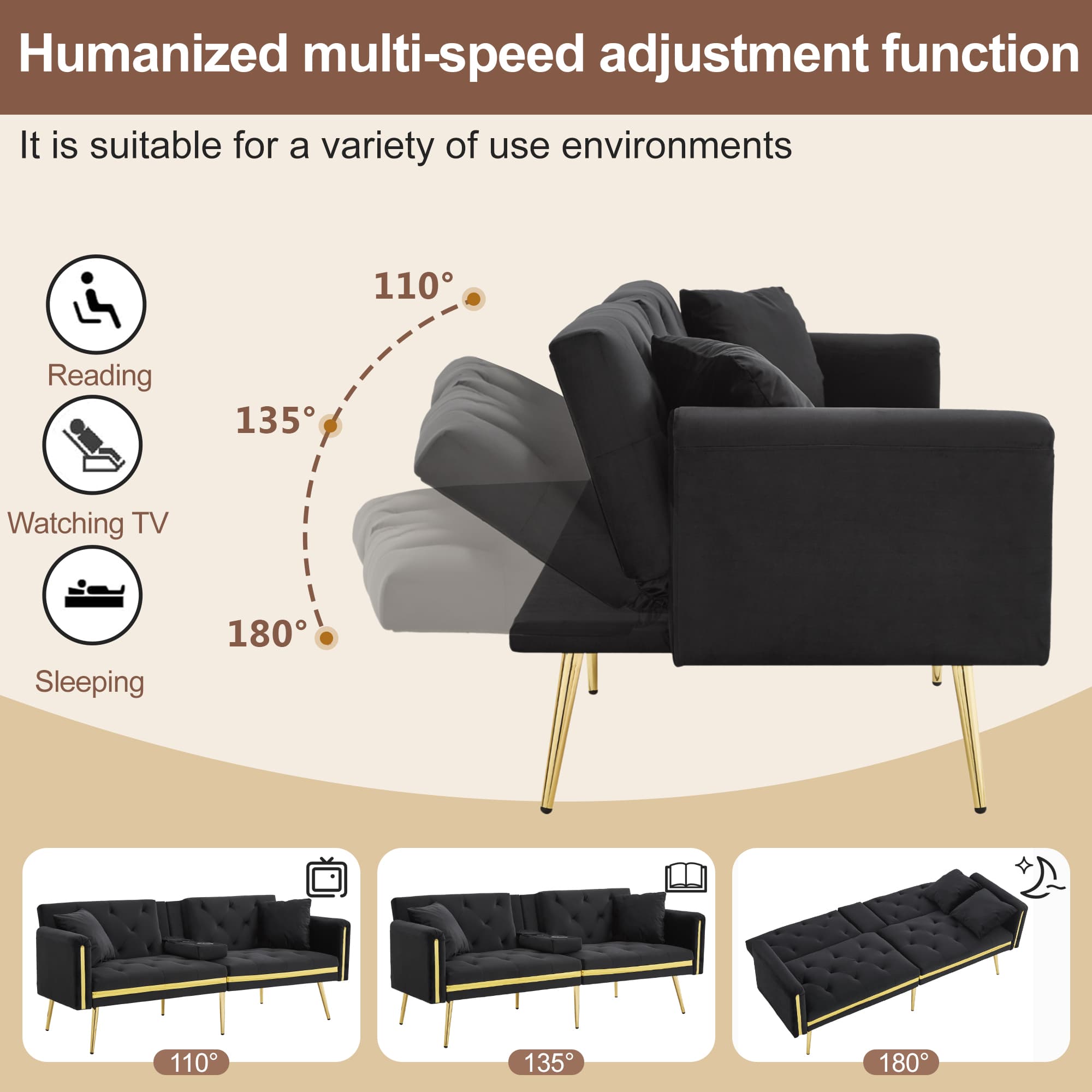 Luxurious Black Velvet 2-Seater Sofa Bed with Cup Holders - image 1