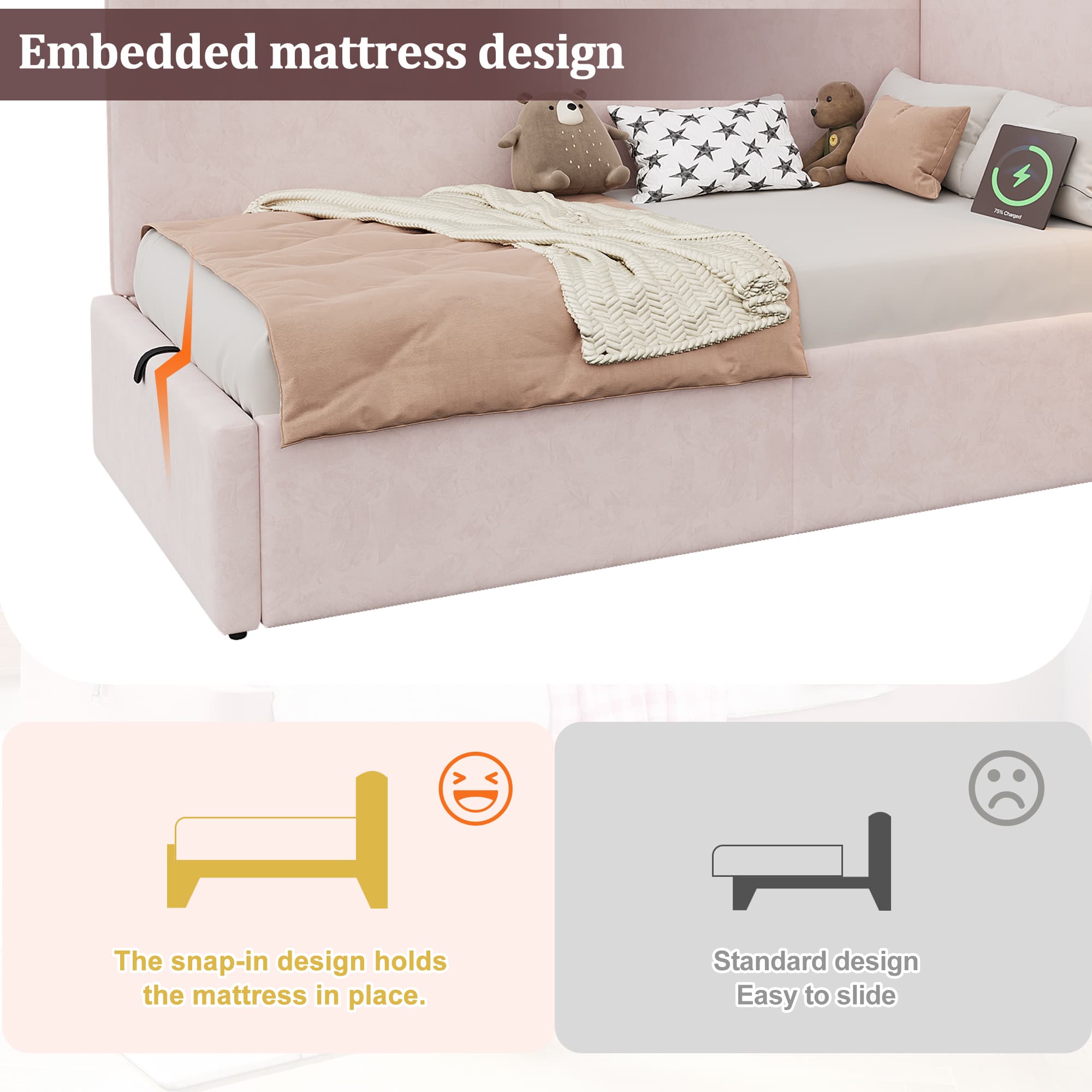 Pink Velvet L-Shaped Storage Daybed with USB & Lamp - image 5