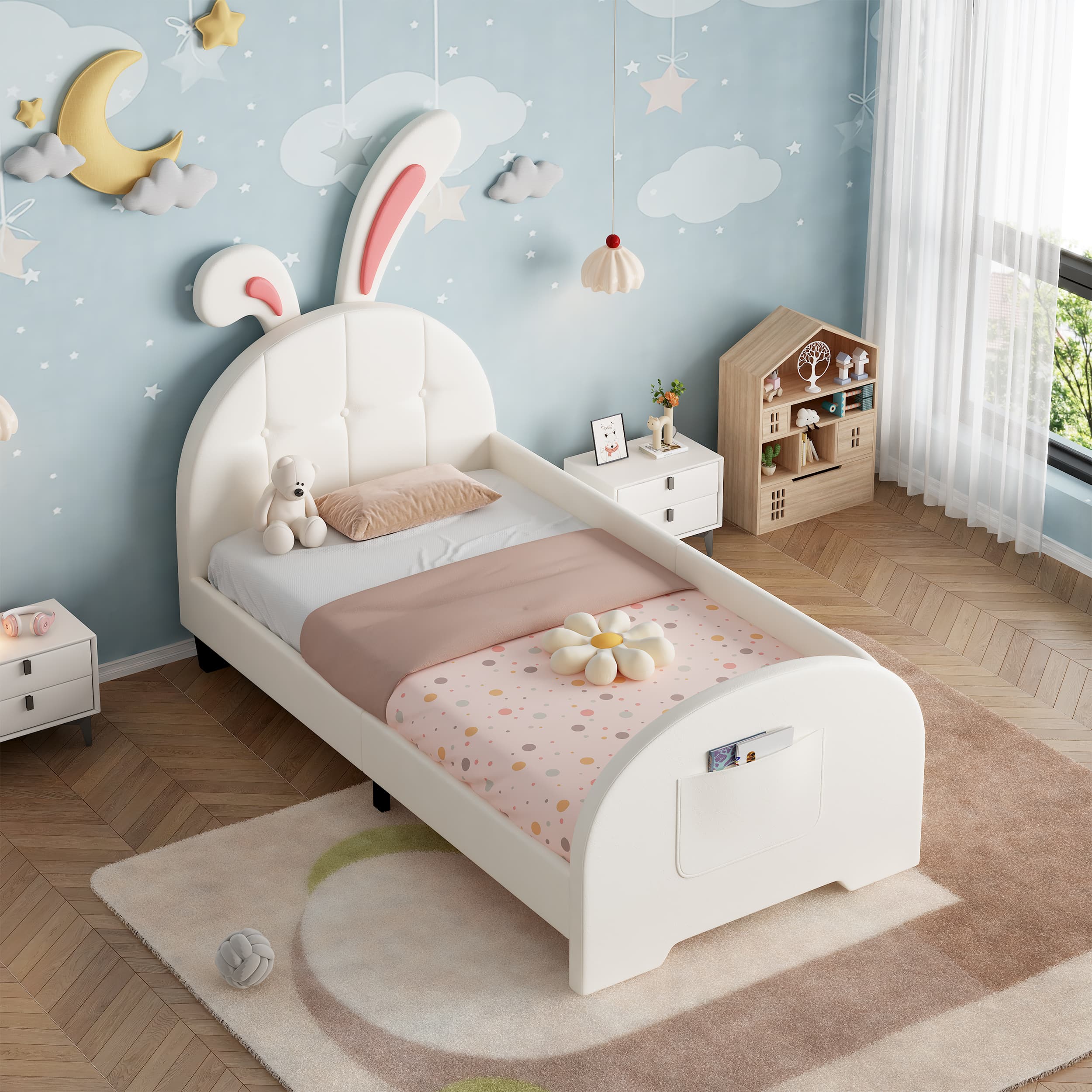 Cream White Rabbit-Shaped Single Bed Frame with Storage - image 5