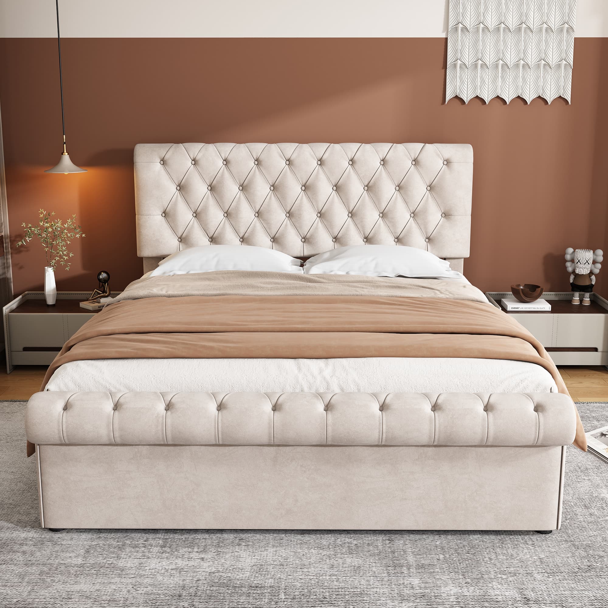 Premium Beige Velvet Sleigh Bed with Hidden Storage - image 3