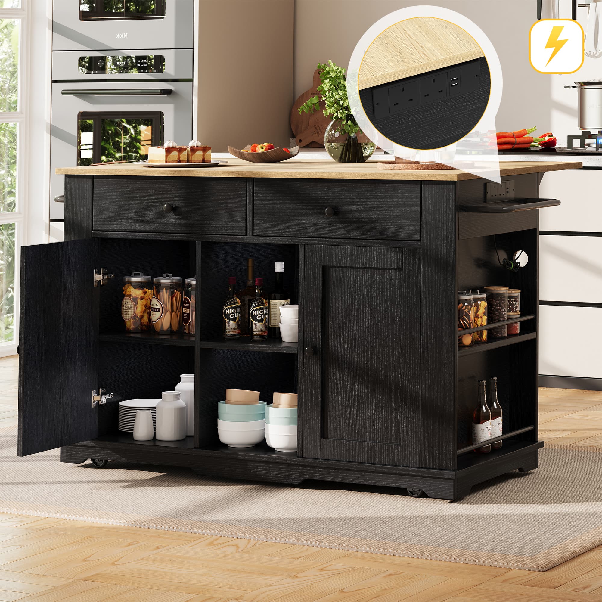 Versatile Black Kitchen Island Trolley with Built-In Power - image 2