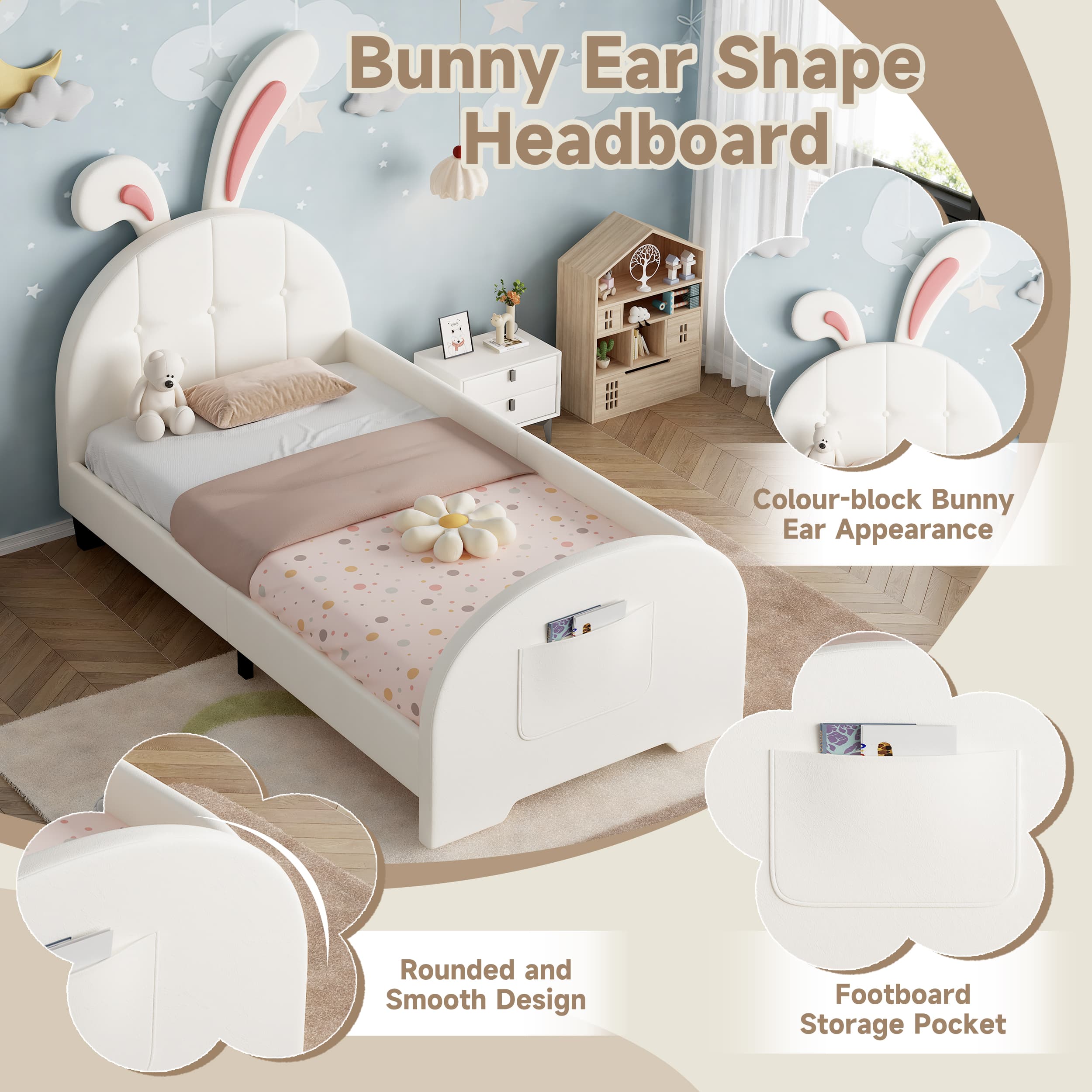 Cream White Rabbit-Shaped Single Bed Frame with Storage - image 3