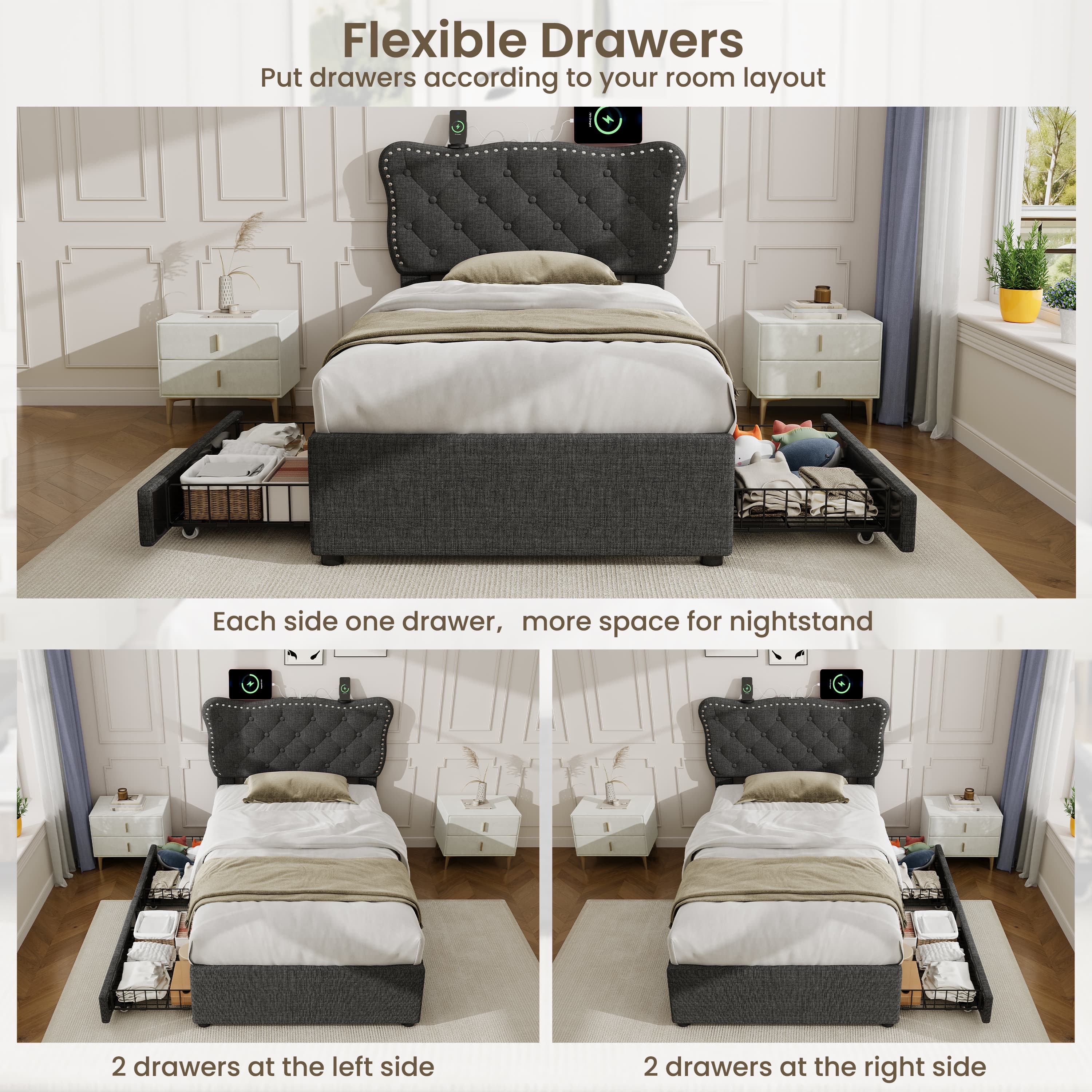 3ft Single Grey Linen Storage Bed with USB Charging - image 4
