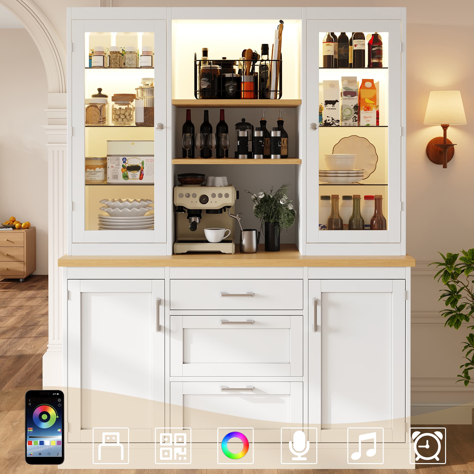 Modern White Kitchen Pantry Cabinet with Smart LED Lighting - White