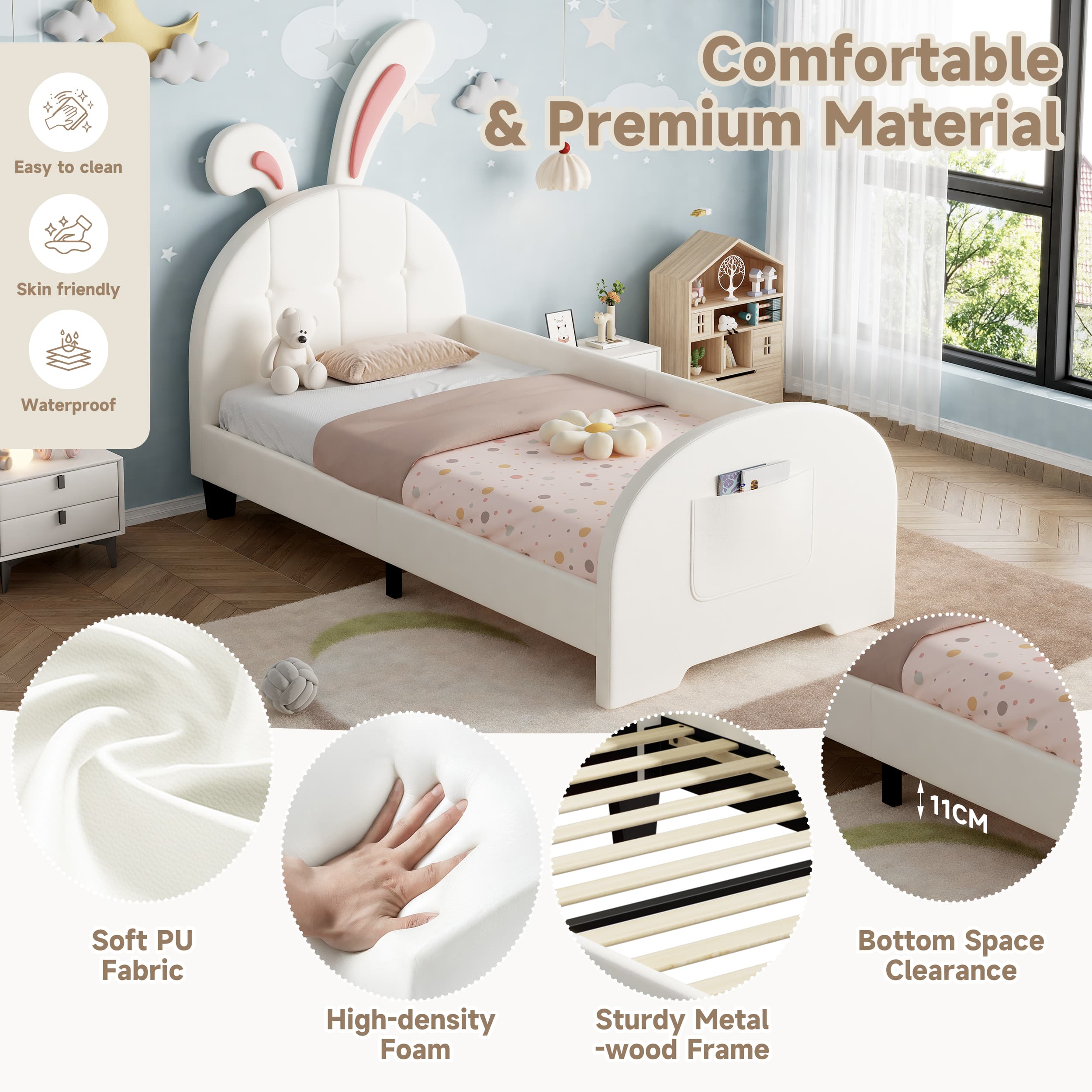 Cream White Rabbit-Shaped Single Bed Frame with Storage - image 2