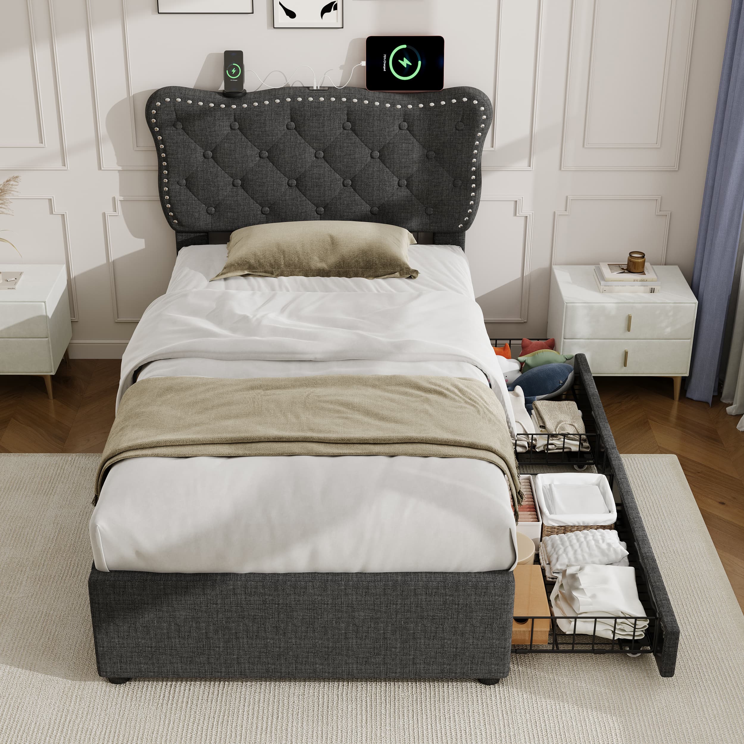 3ft Single Grey Linen Storage Bed with USB Charging - image 3
