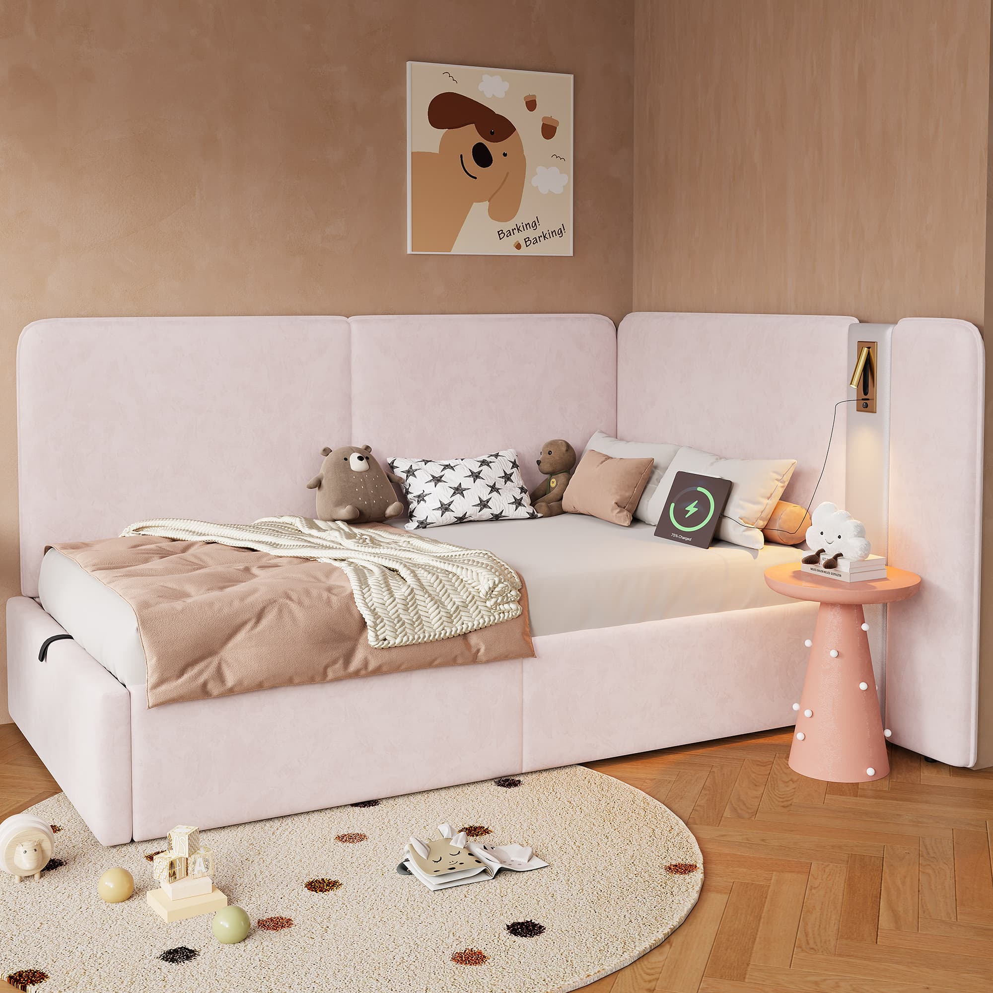 Pink Velvet L-Shaped Storage Daybed with USB & Lamp - image 2