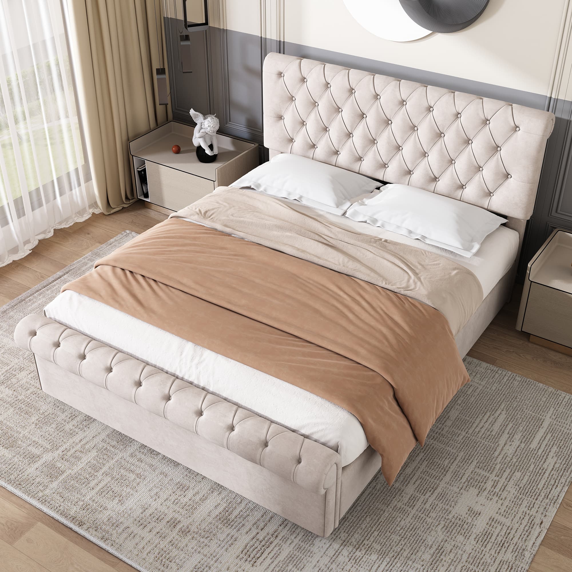 Premium Beige Velvet Sleigh Bed with Hidden Storage - image 5