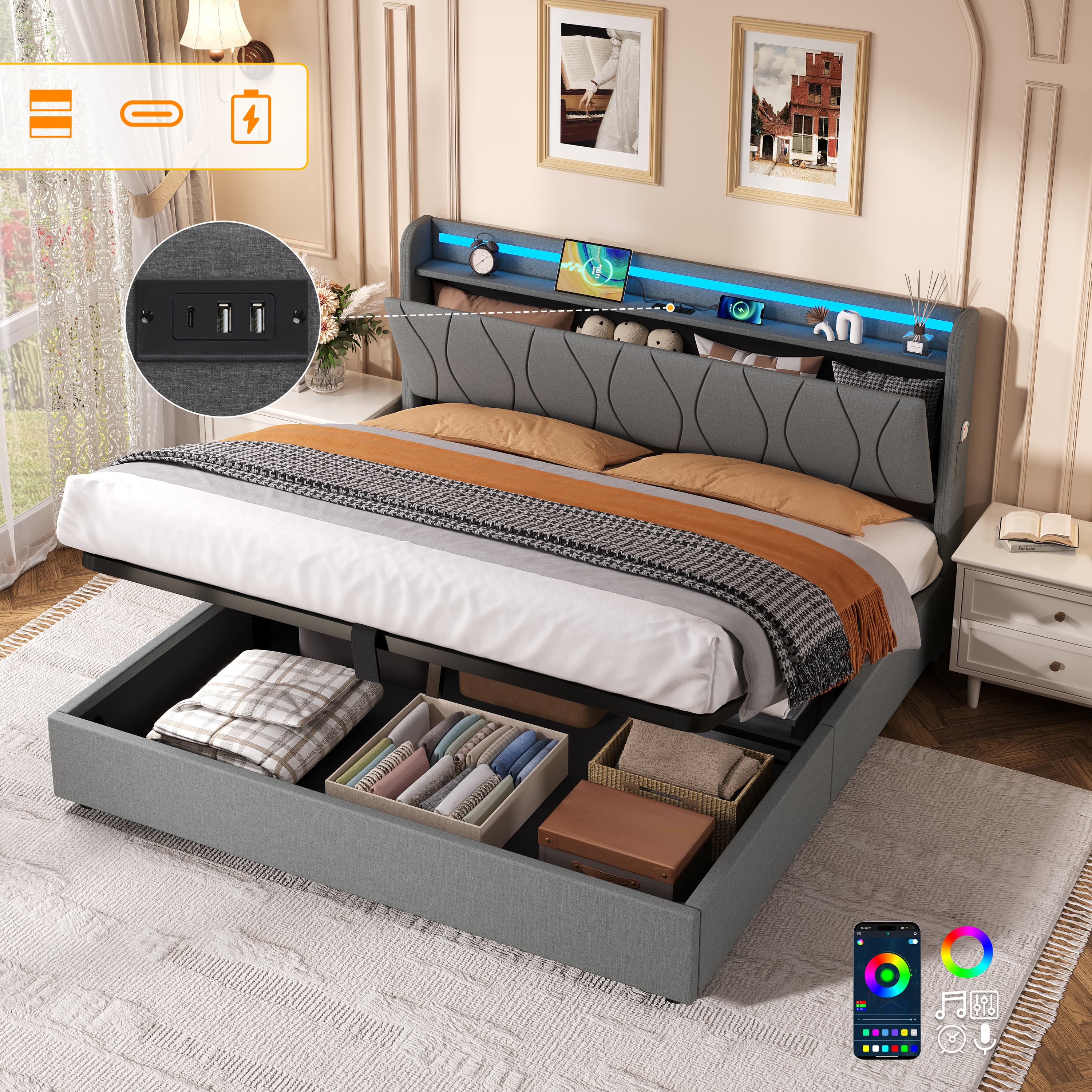 Transform Your Bedroom with this Grey Linen LED Ottoman Bed - Grey