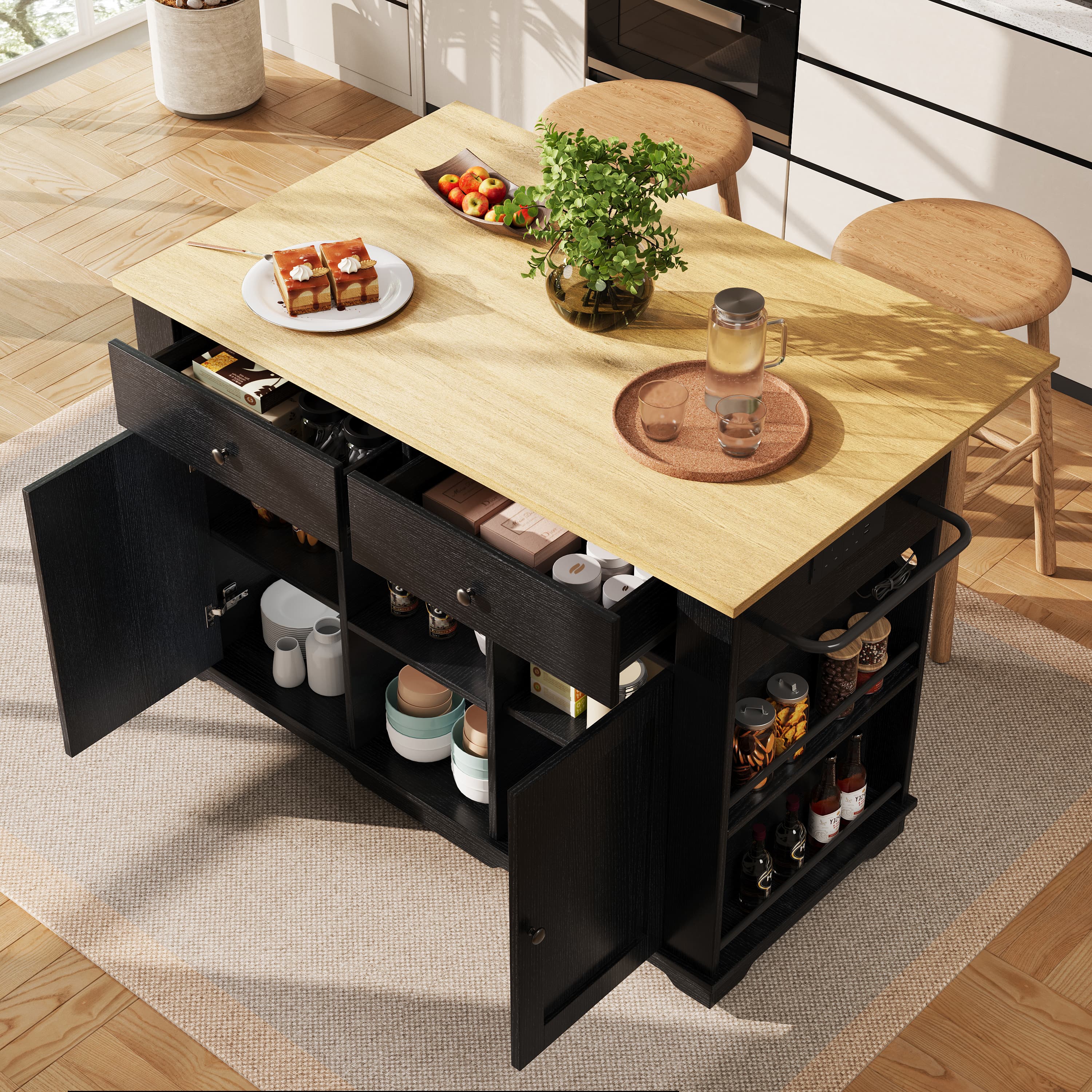 Versatile Black Kitchen Island Trolley with Built-In Power - Black