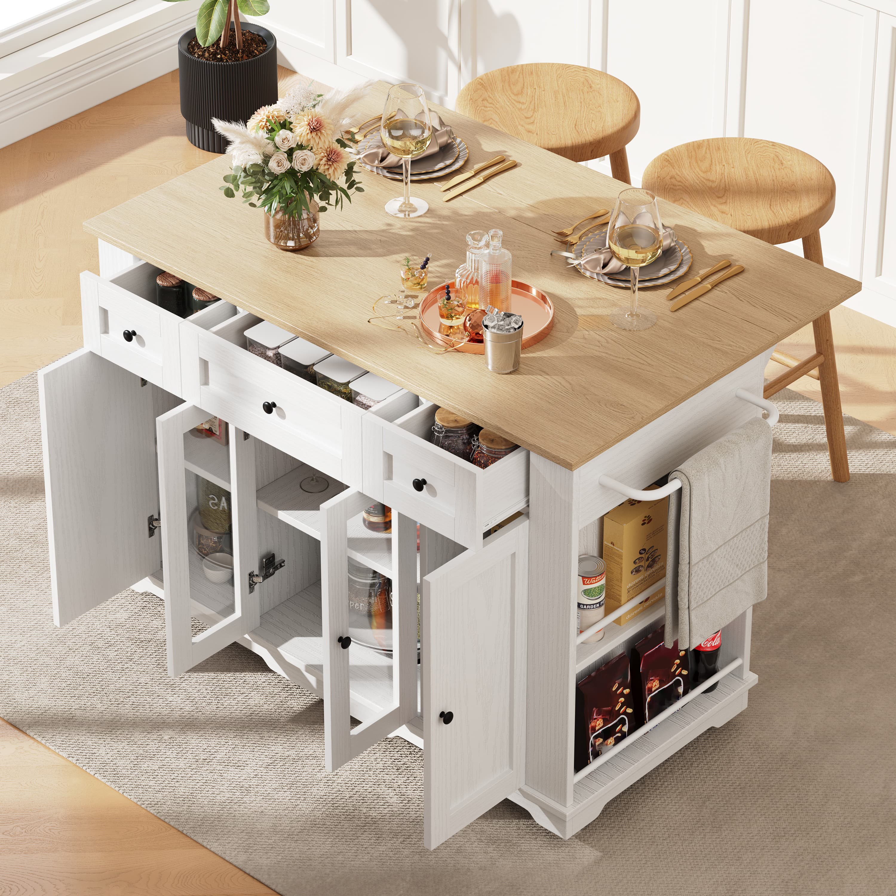 Premium White Kitchen Island with Foldable Dining Space - image 3
