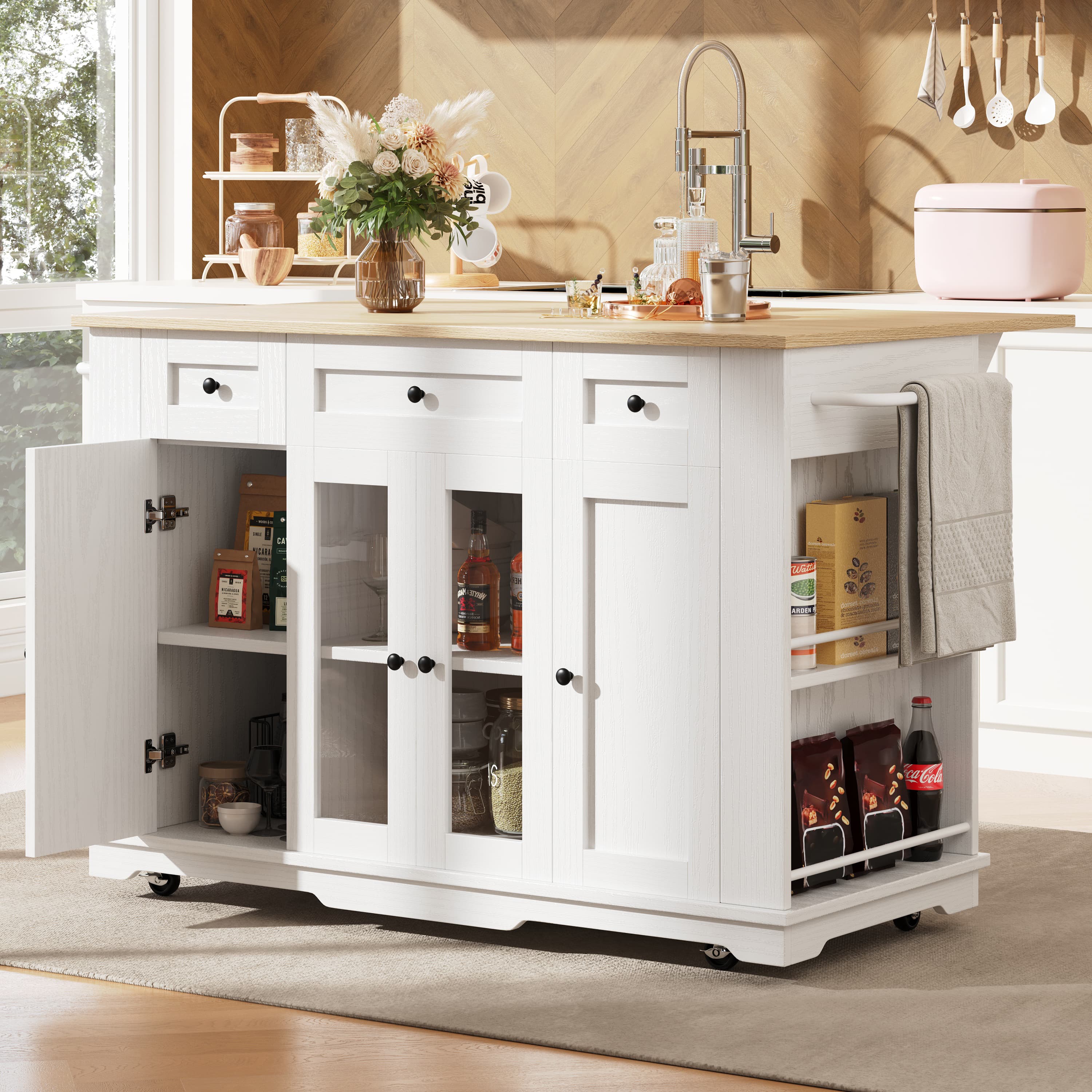 Premium White Kitchen Island with Foldable Dining Space - White