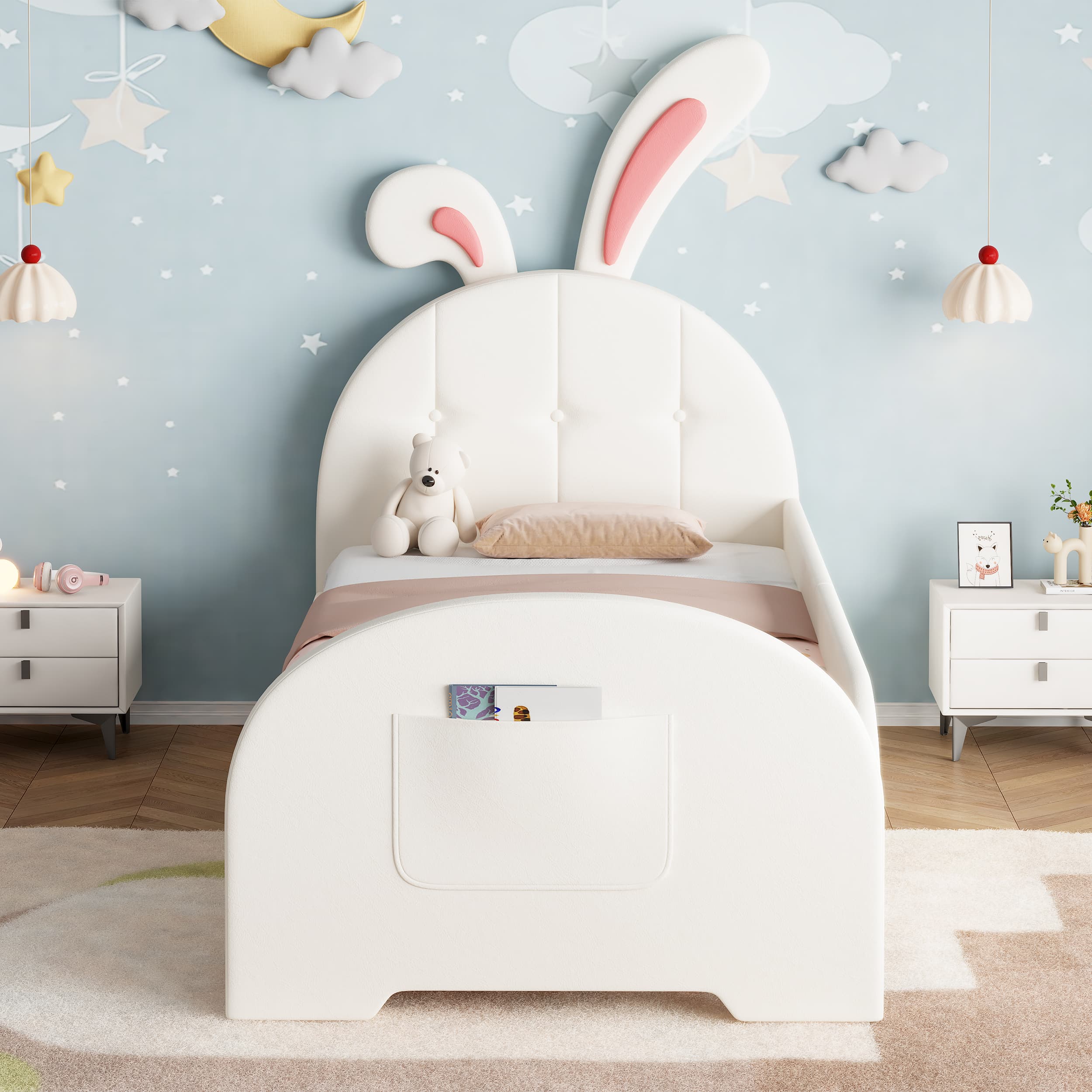 Cream White Rabbit-Shaped Single Bed Frame with Storage - image 4