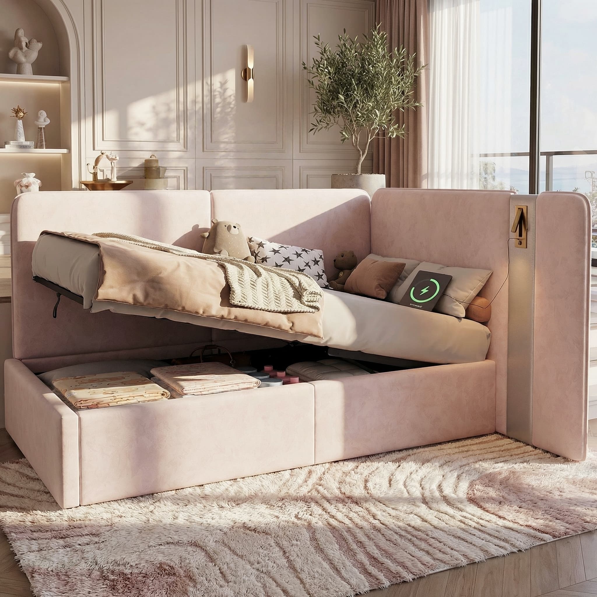 Pink Velvet L-Shaped Storage Daybed with USB & Lamp - Pink