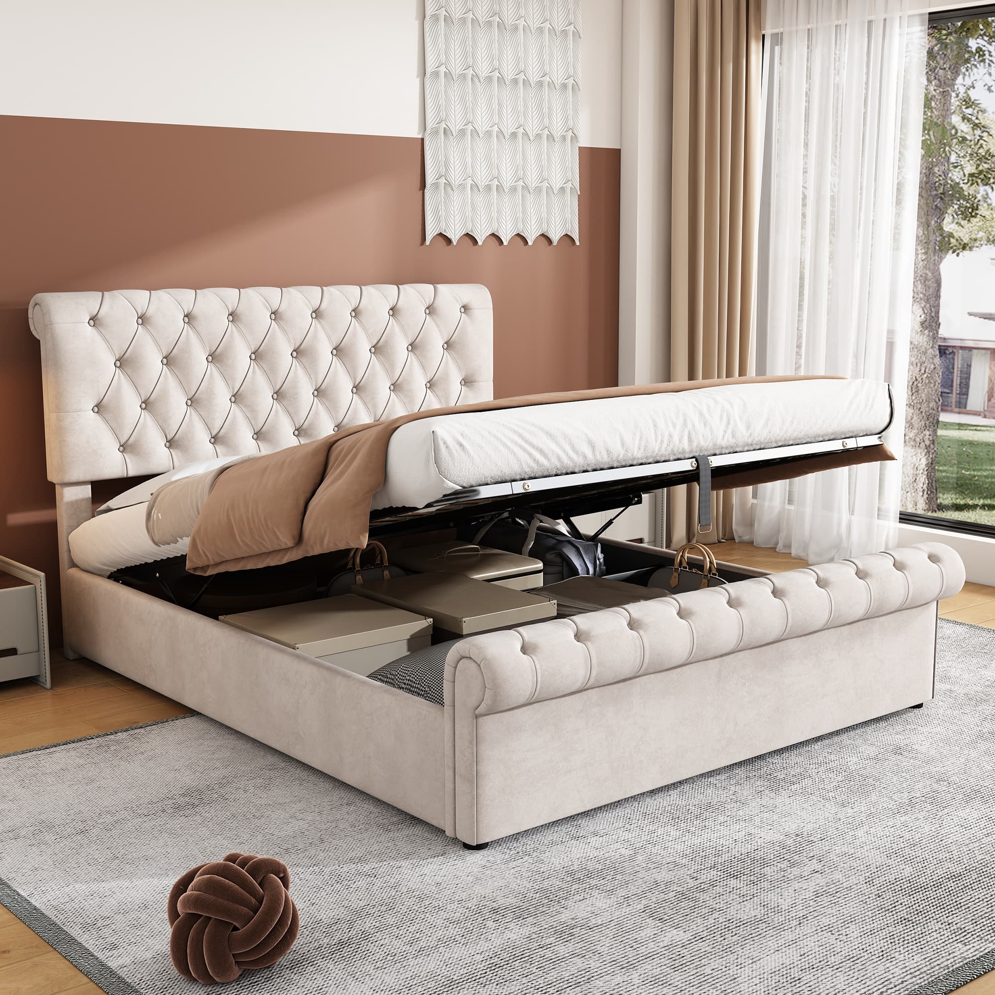 Premium Beige Velvet Sleigh Bed with Hidden Storage - image 4