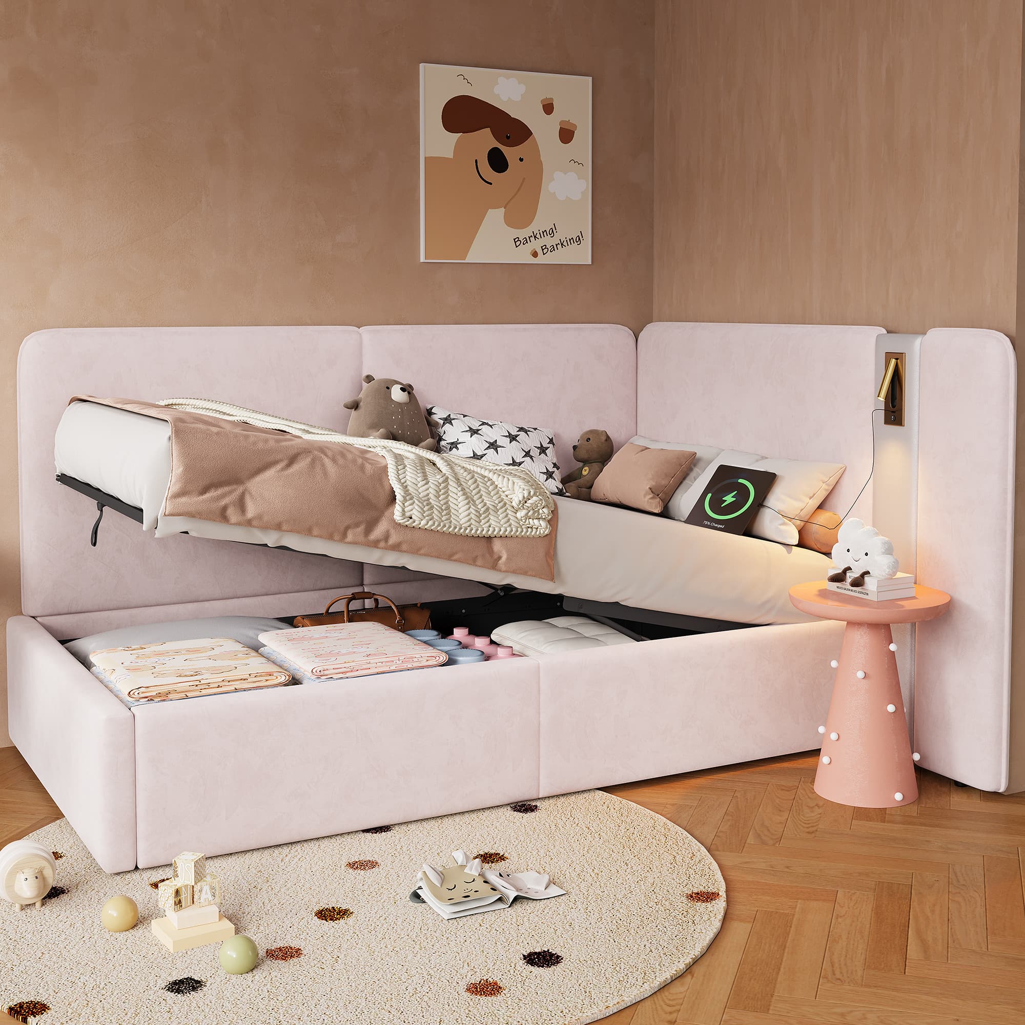 Pink Velvet L-Shaped Storage Daybed with USB & Lamp - image 1
