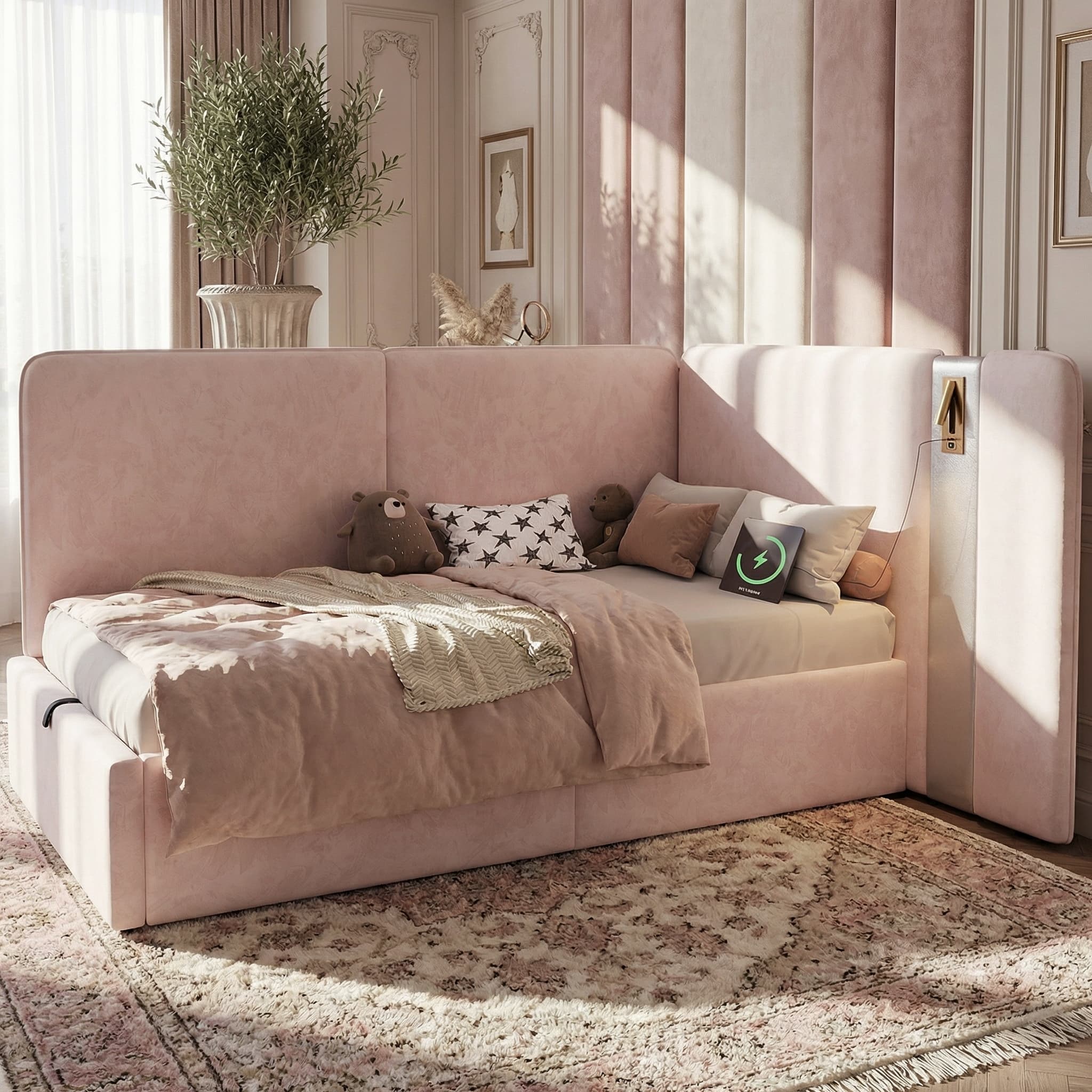 Pink Velvet L-Shaped Storage Daybed with USB & Lamp - image 4