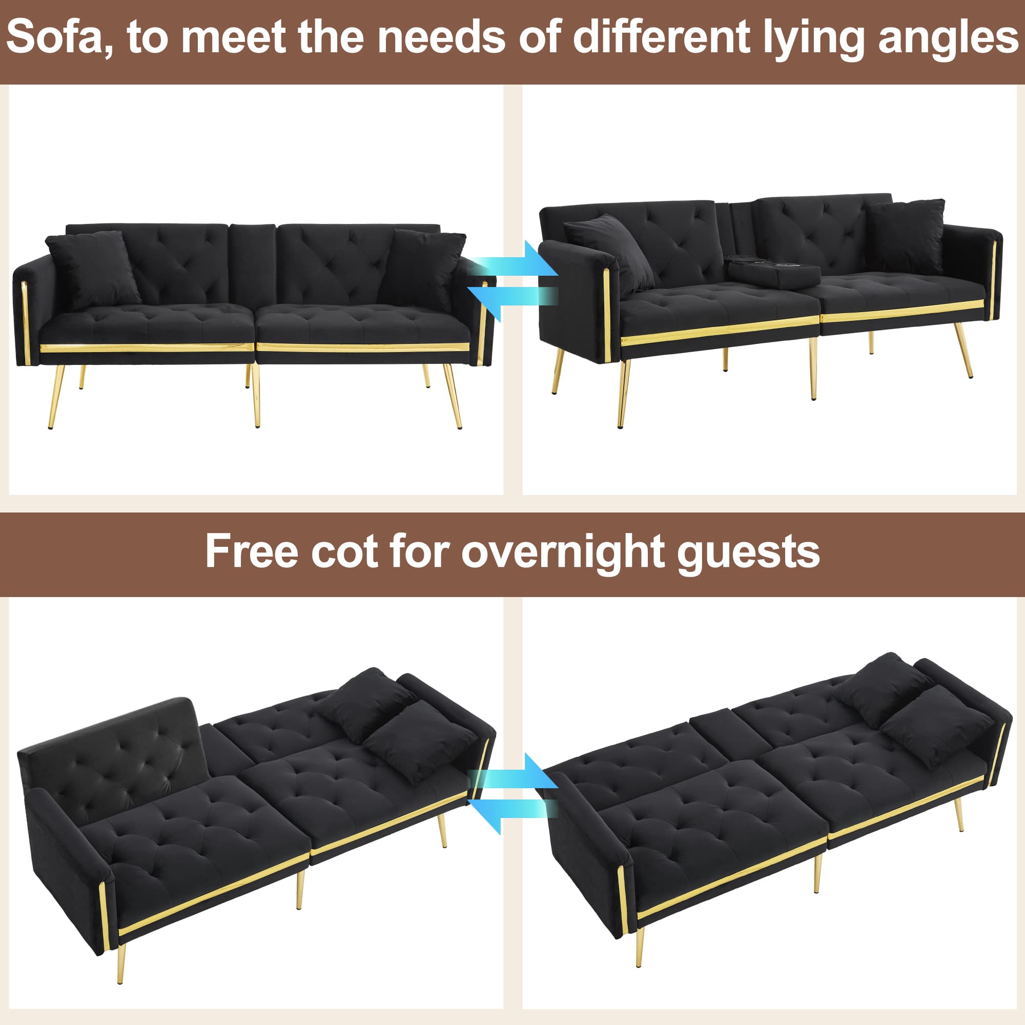 Luxurious Black Velvet 2-Seater Sofa Bed with Cup Holders - image 2