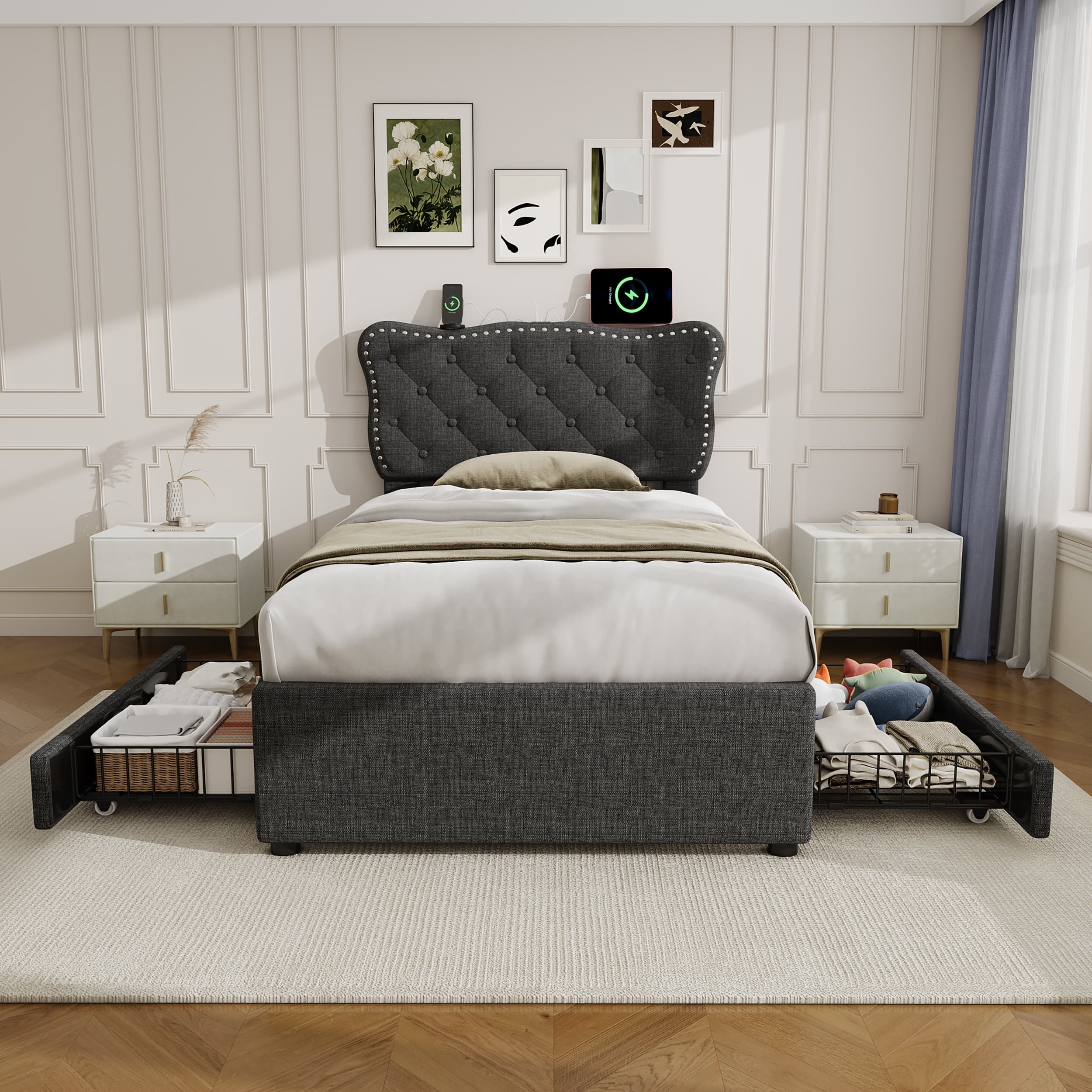 3ft Single Grey Linen Storage Bed with USB Charging - image 1