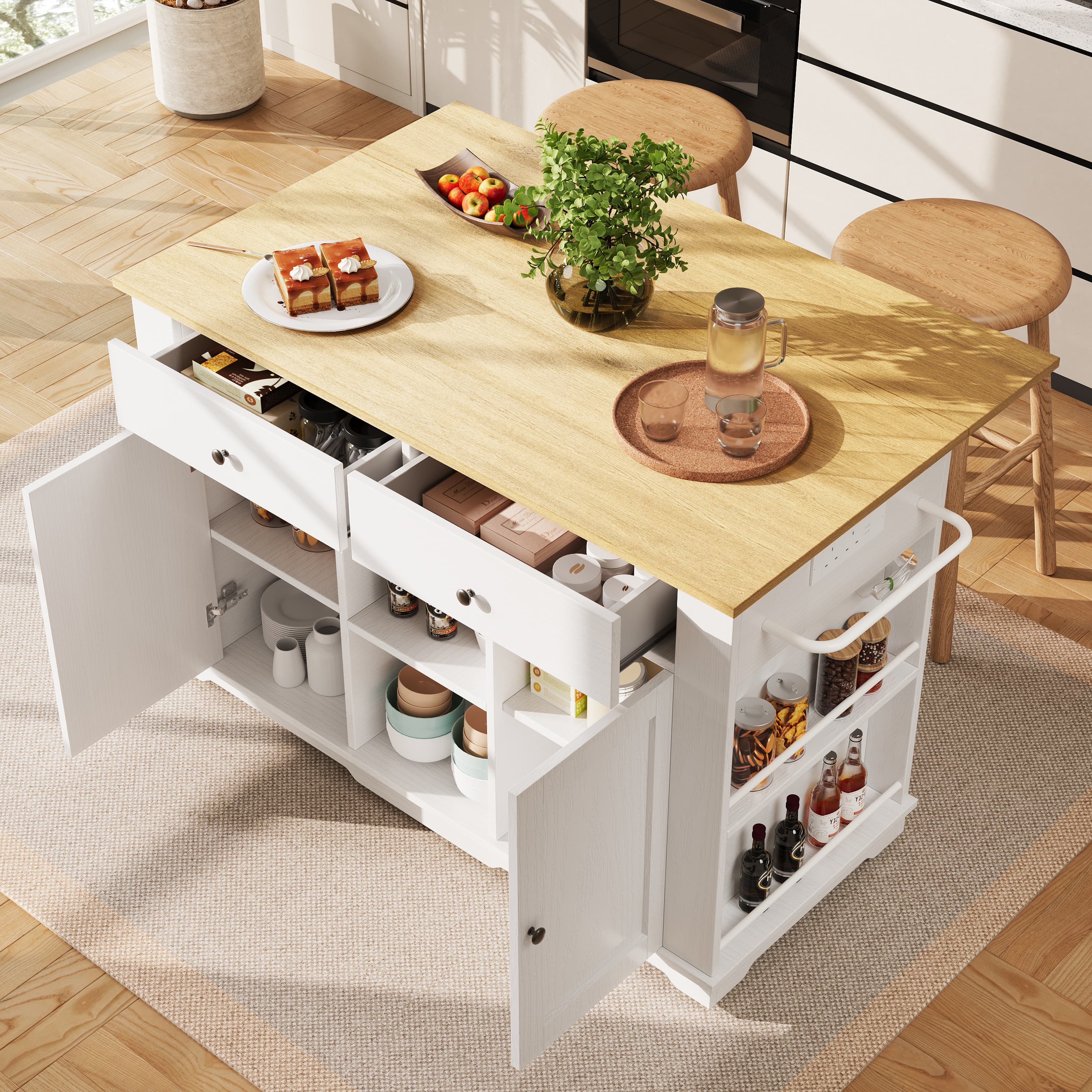 Transform Your Space with this White Kitchen Island & Power Strip - White Natural
