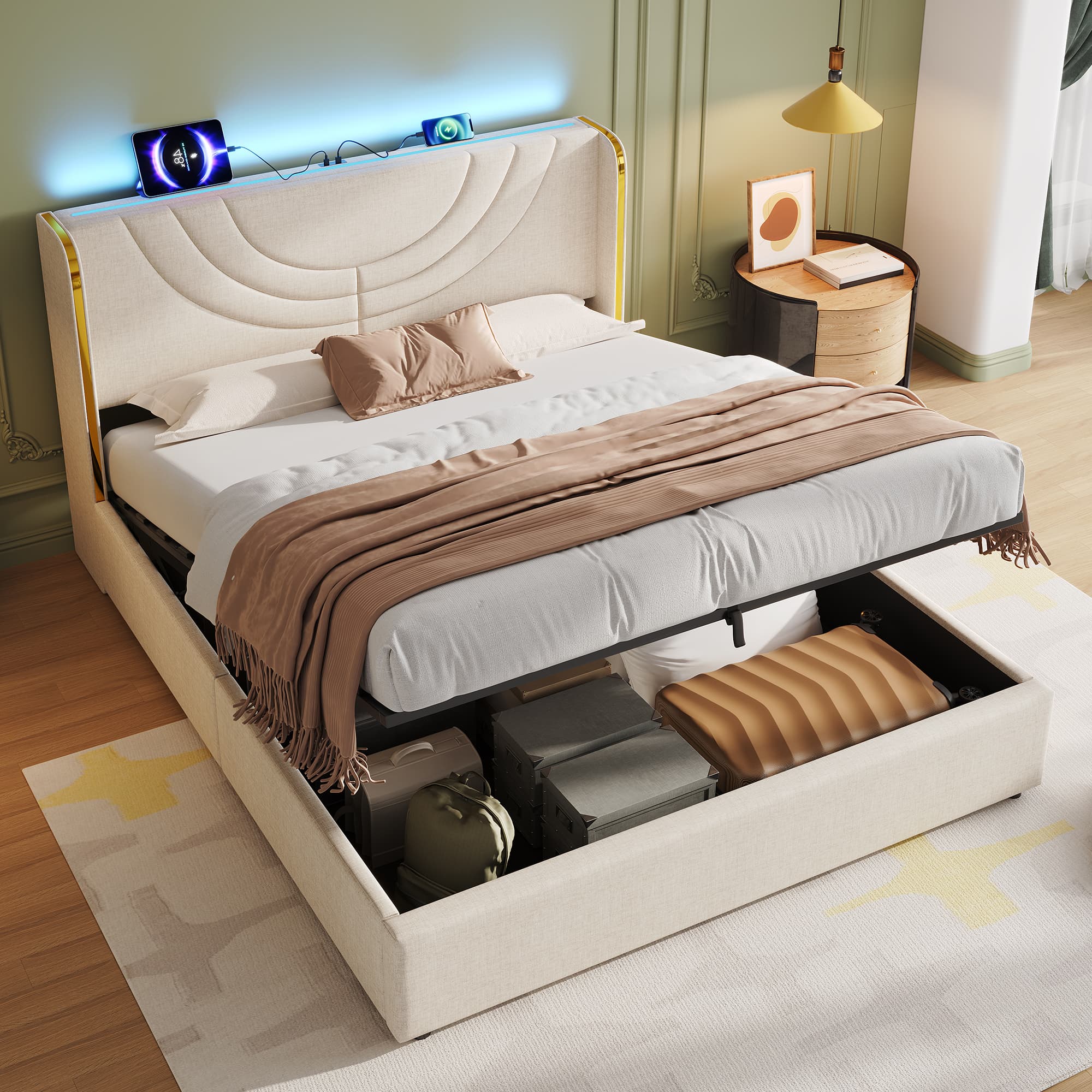 Transform Your Bedroom with this Beige Linen LED Ottoman Bed - image 3