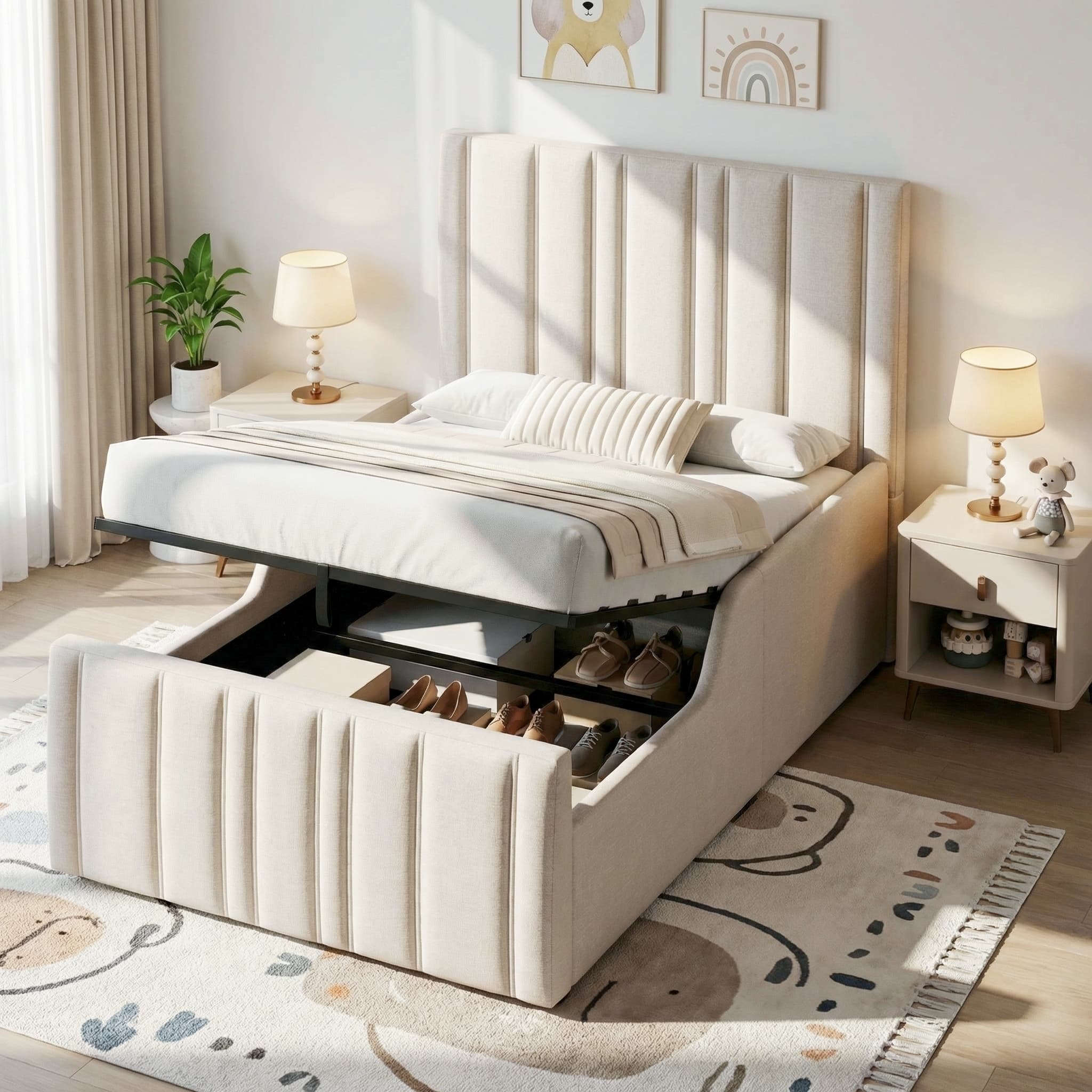 3ft Beige Linen Single Ottoman Bed with Hidden Storage - image 3