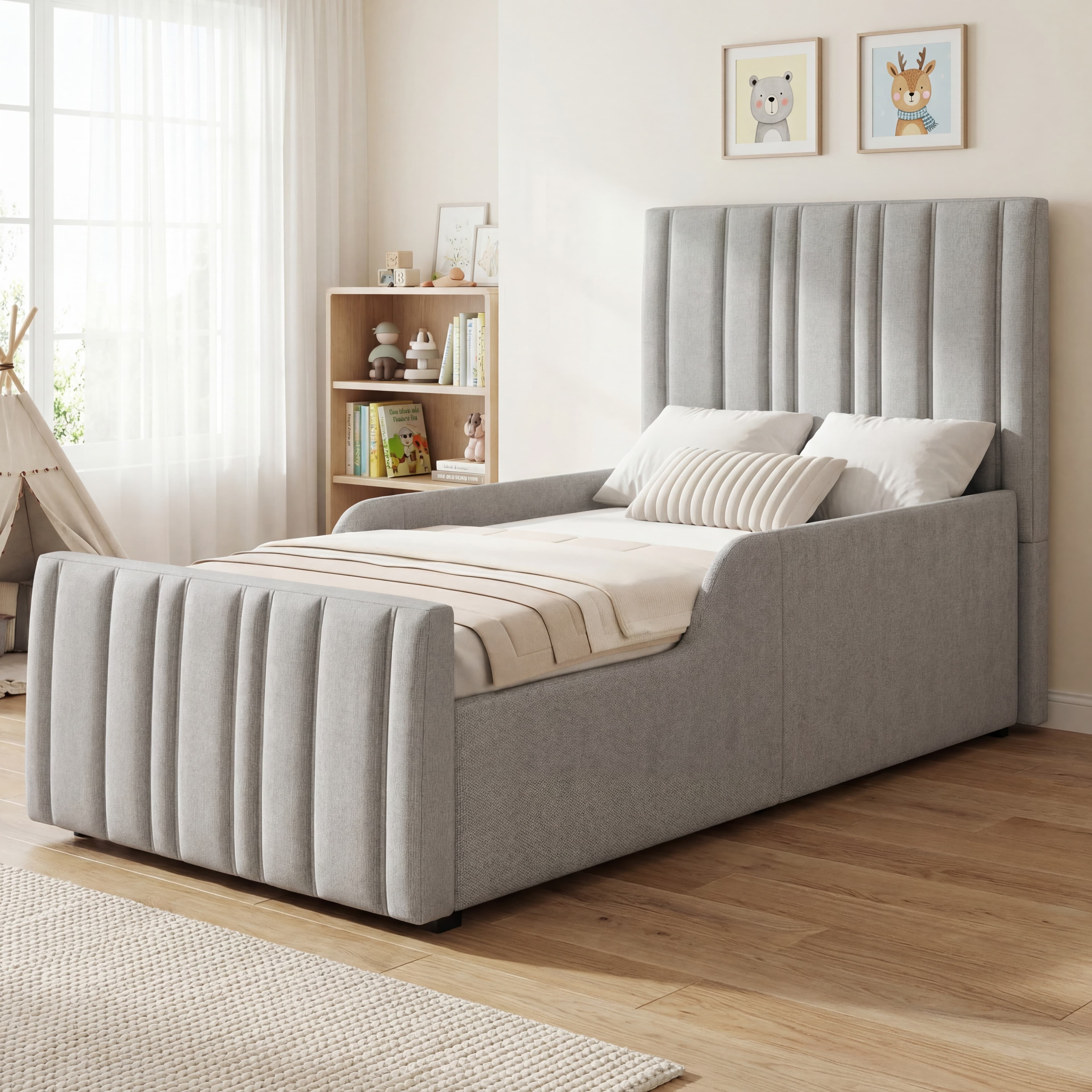 Premium Grey Linen Single Ottoman Bed with Hidden Storage - image 3