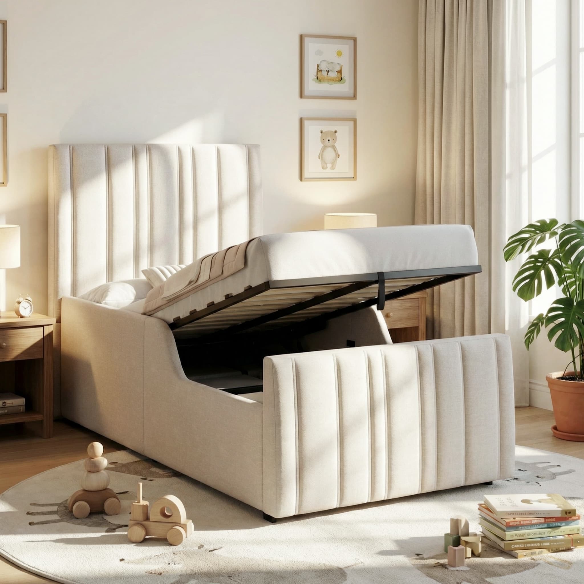 3ft Beige Linen Single Ottoman Bed with Hidden Storage