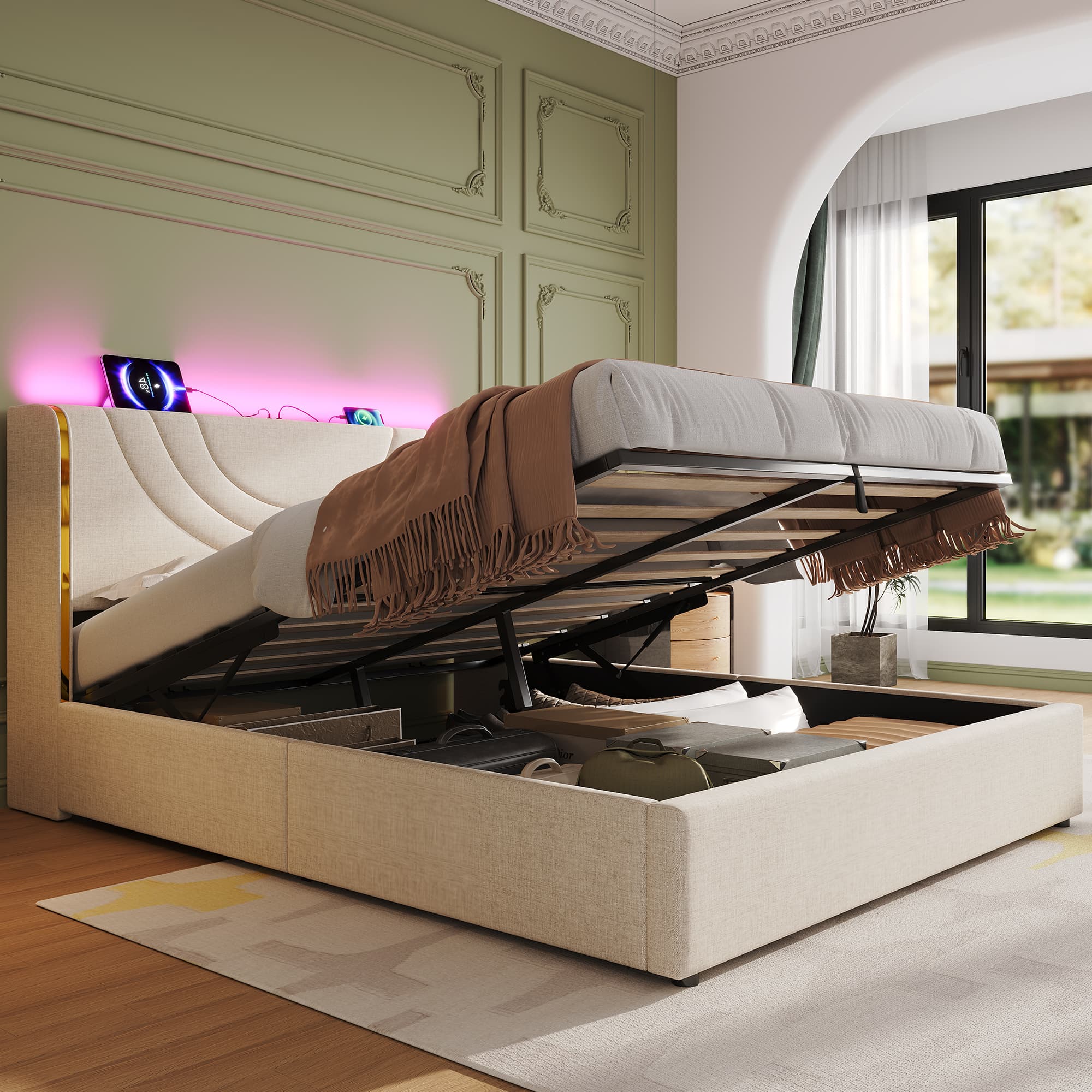 Transform Your Bedroom with this Beige Linen LED Ottoman Bed - image 5