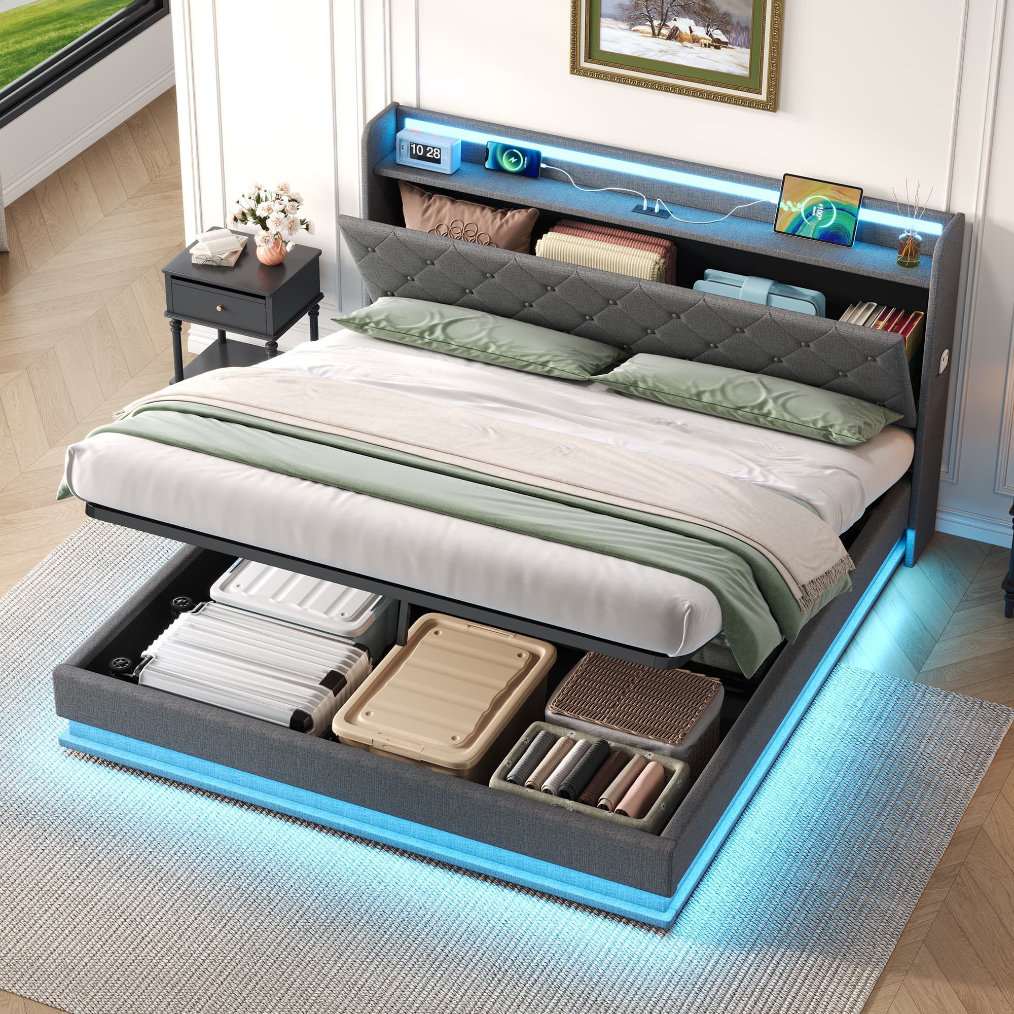 Effortless Storage: Grey Linen Double Ottoman Bed with LED - image 2