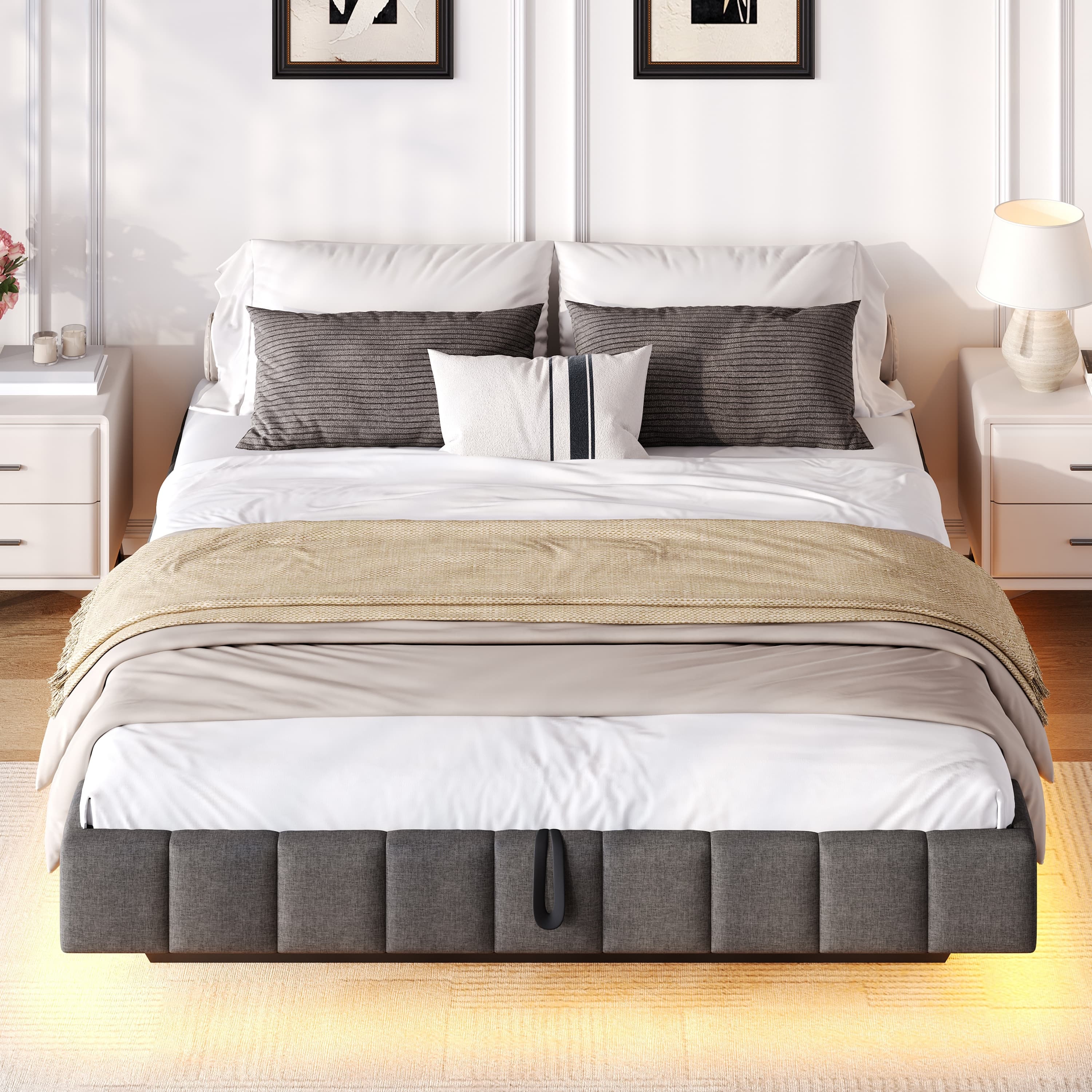 Grey Linen Double Floating Bed with Smart LED Lights - image 5