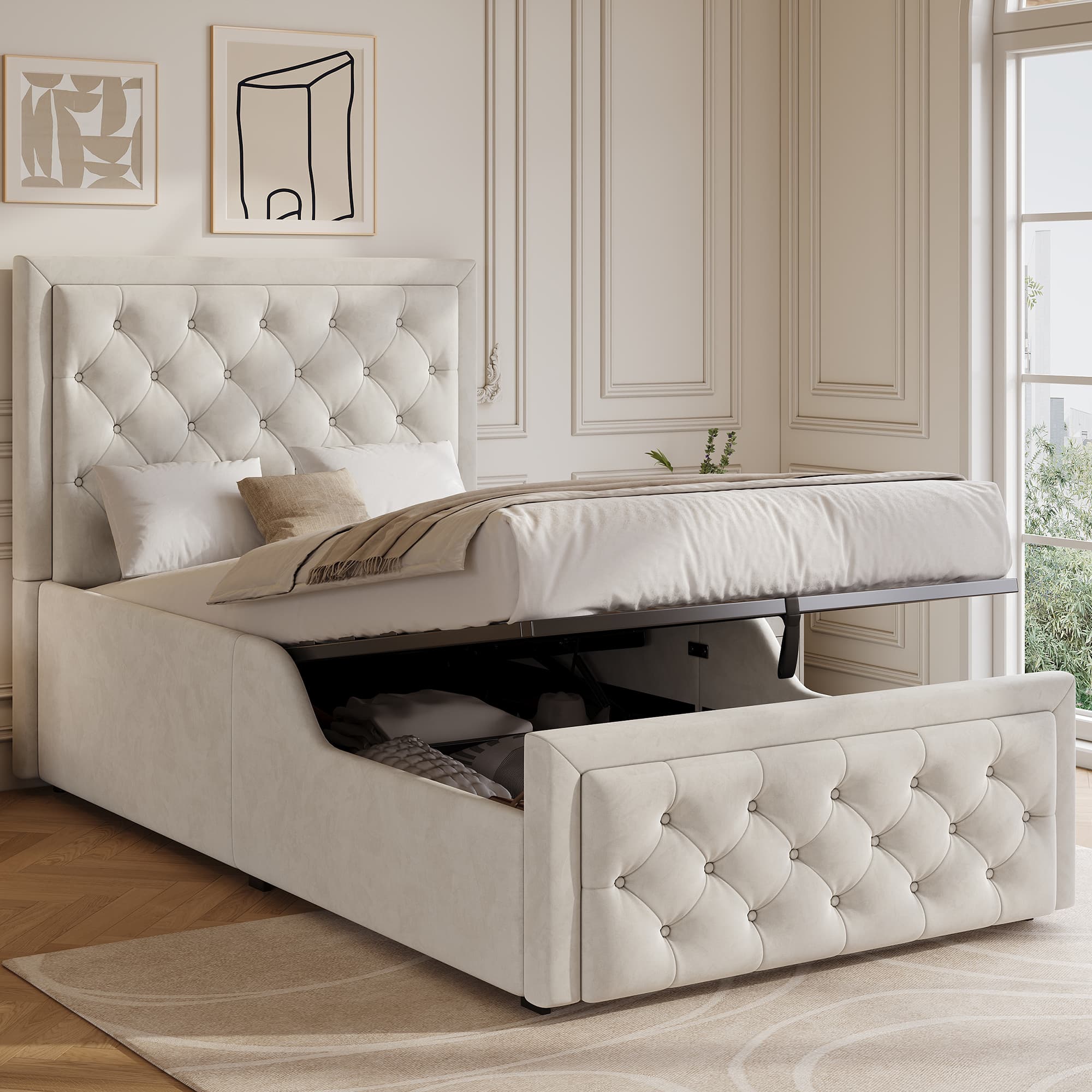Effortless Storage With This Beige Velvet Single Ottoman Bed - image 1